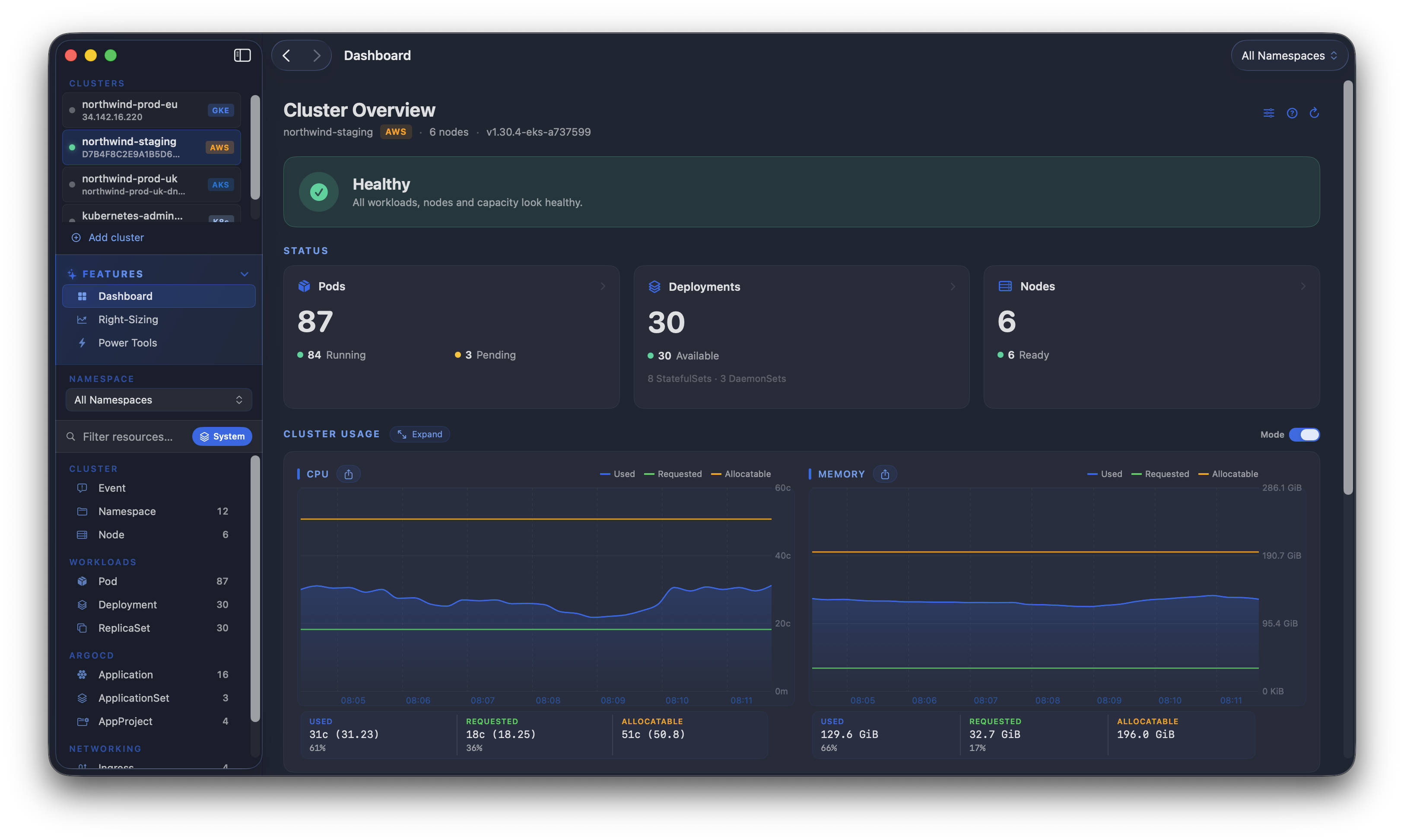 The Kubius macOS app in dark mode: a live list of pods with status and restarts, the resource sidebar on the left, and a detail pane showing CPU and memory charts.