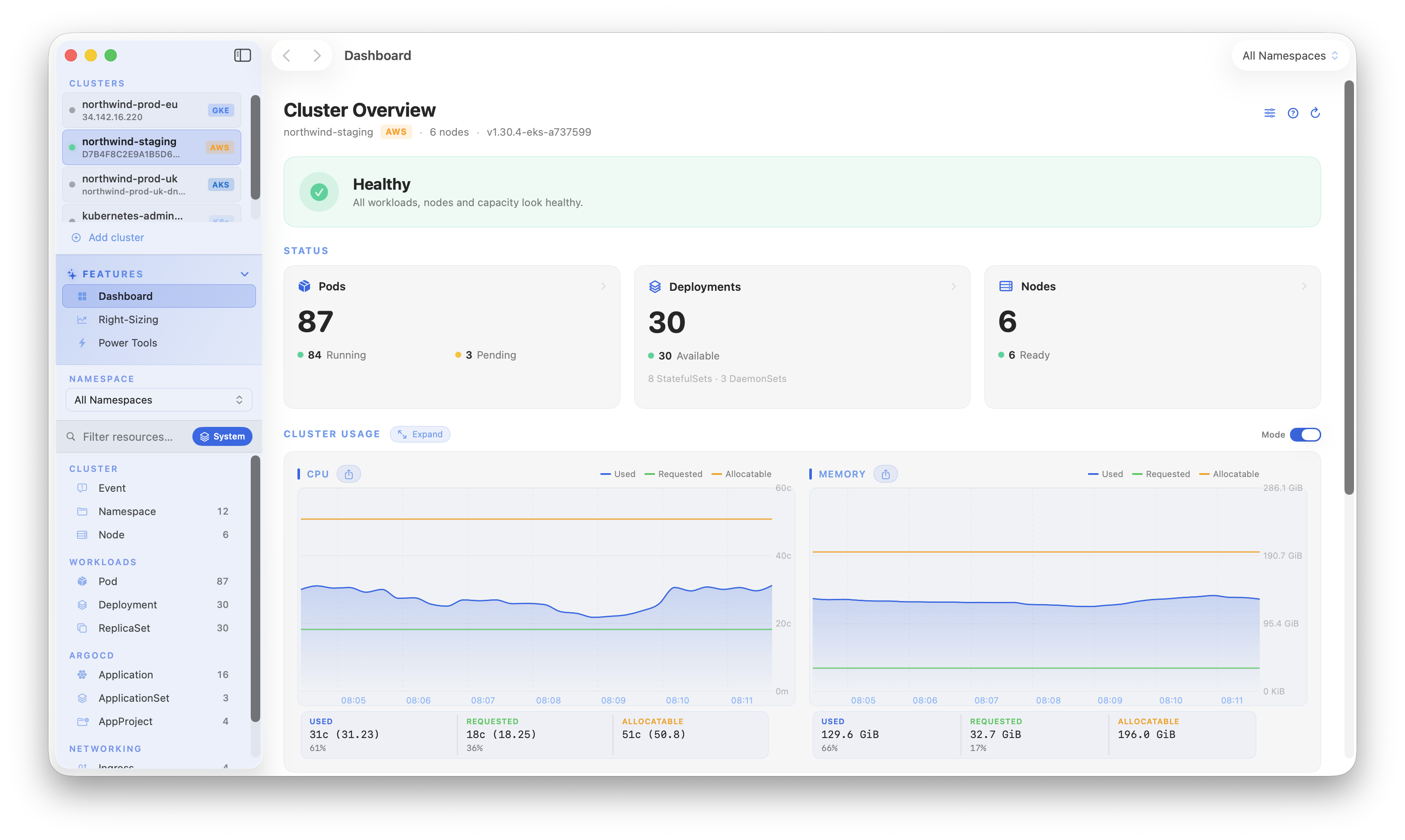 The Kubius macOS app in light mode: a live list of pods with status and restarts, the resource sidebar on the left, and a detail pane showing CPU and memory charts.