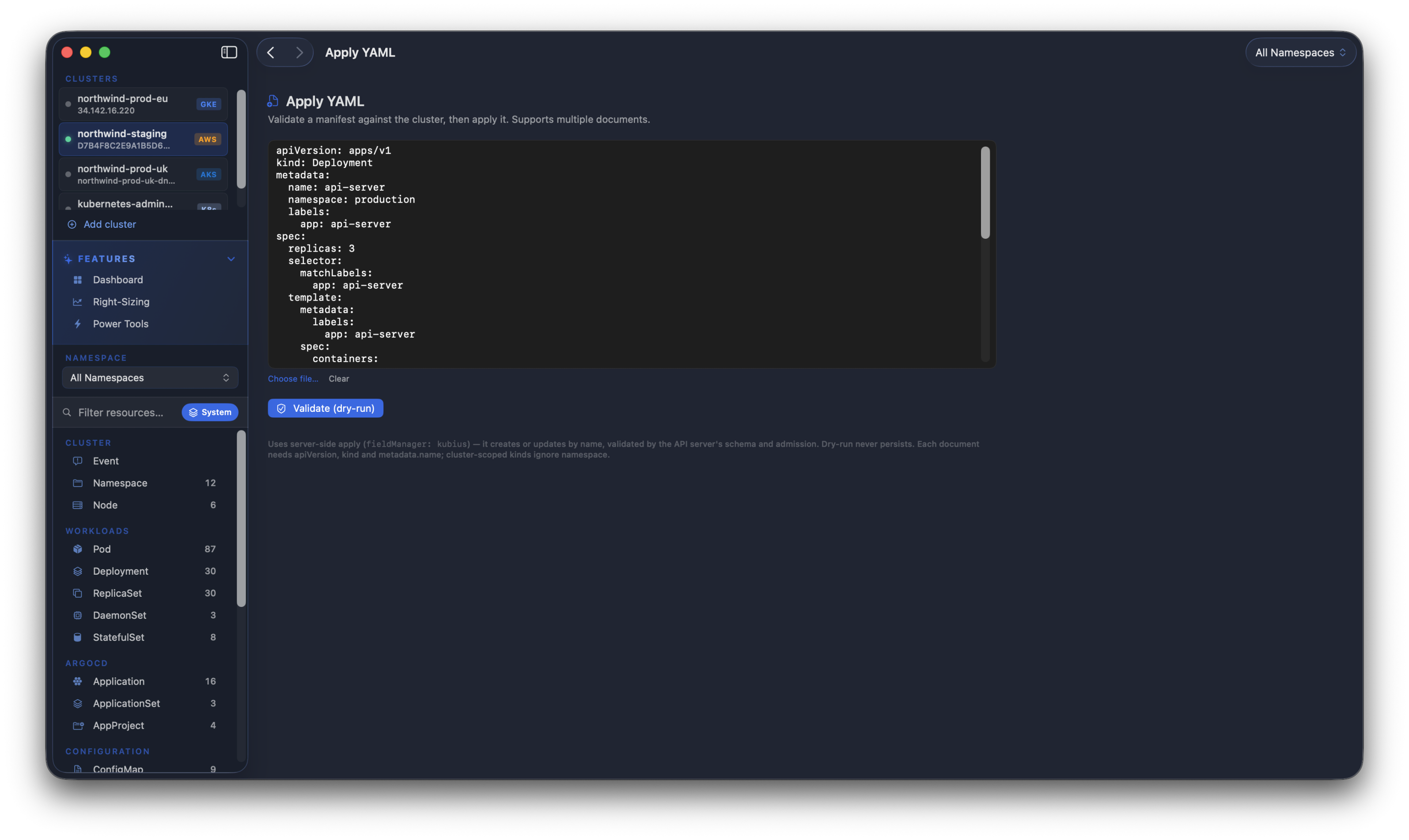 Kubius Apply YAML - paste, edit and apply manifests to the cluster with a diff preview before applying.