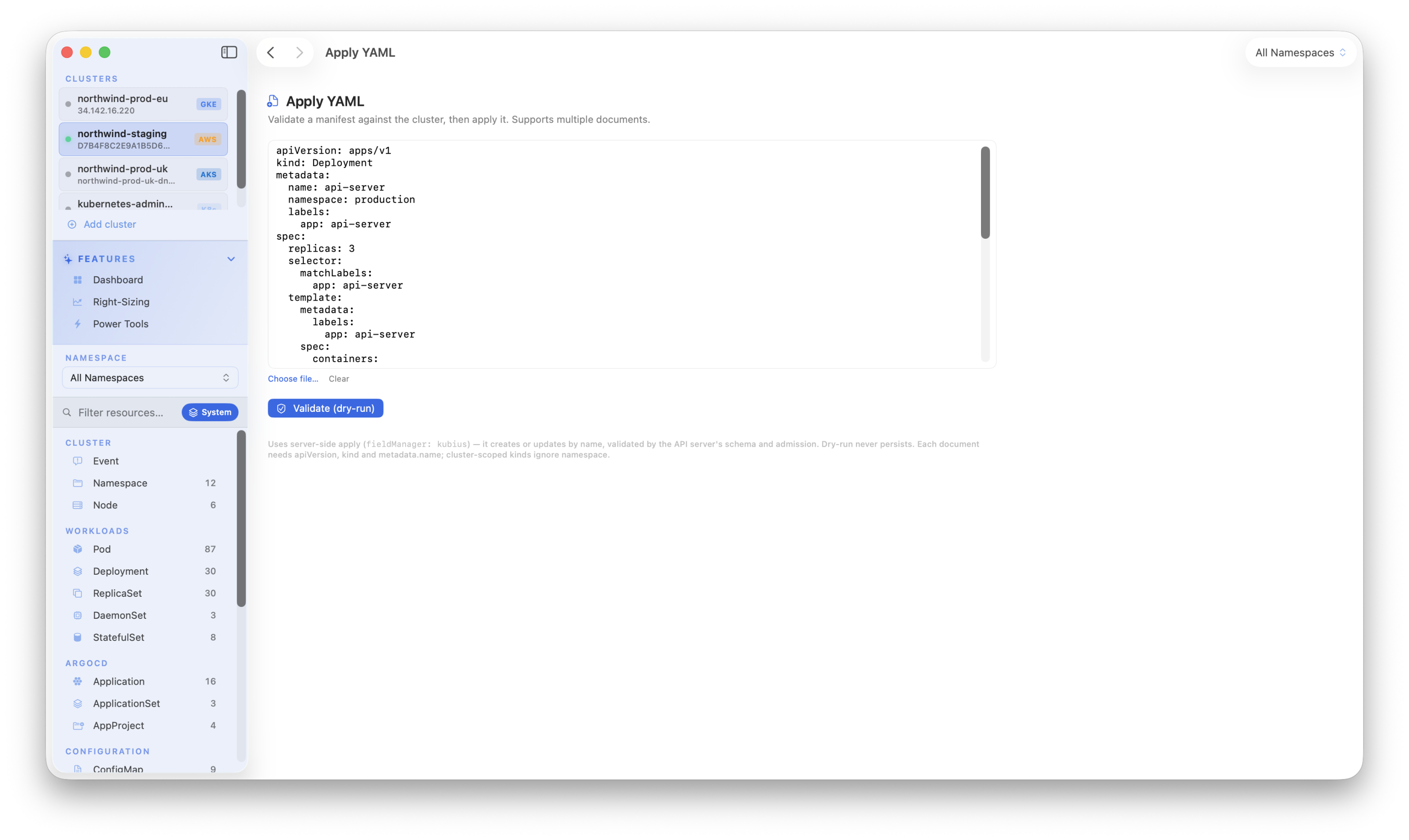 Kubius Apply YAML - paste, edit and apply manifests to the cluster with a diff preview before applying.