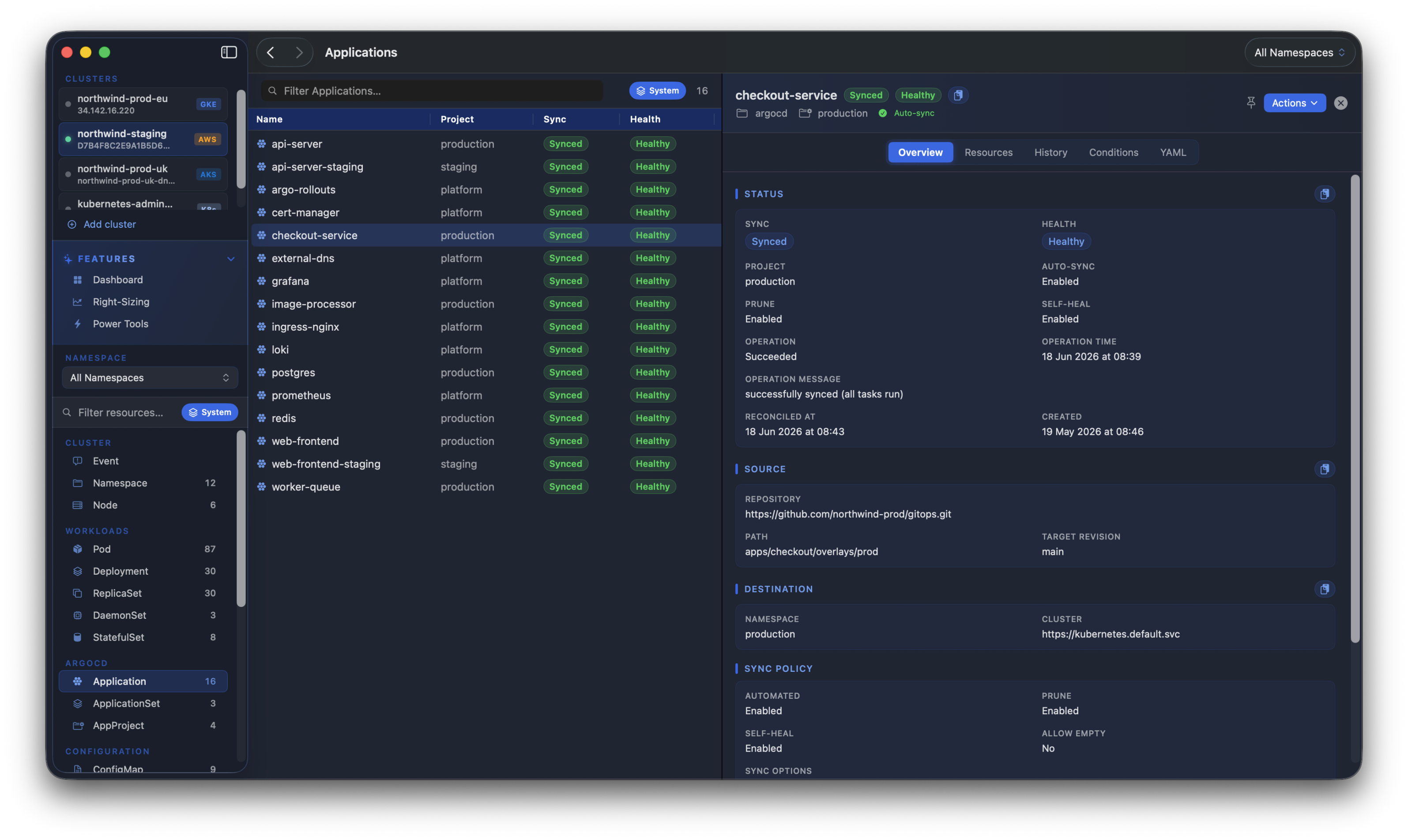 Kubius ArgoCD integration - Applications with sync and health badges, managed resources, history and conditions.