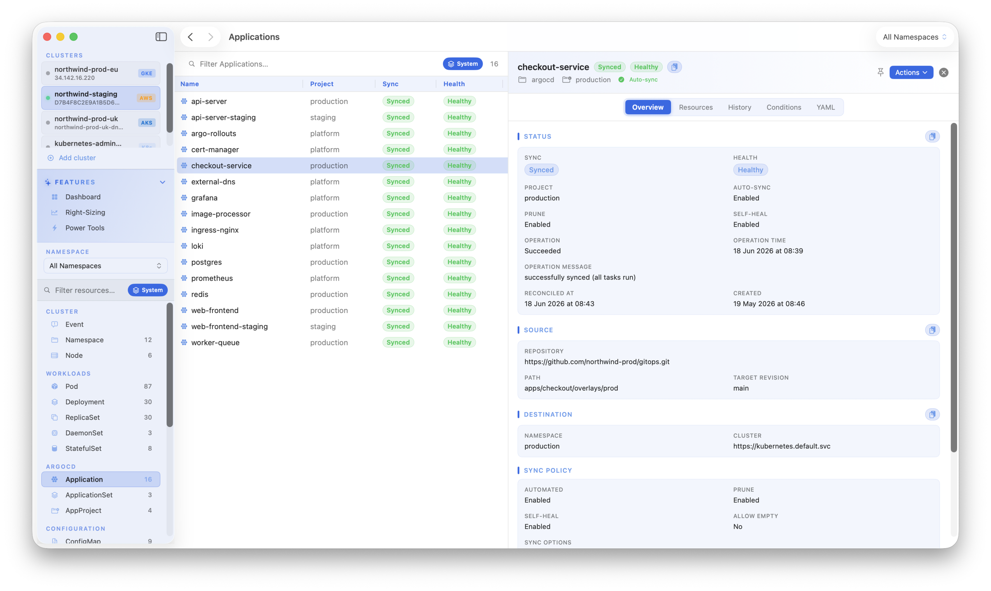 Kubius ArgoCD integration - Applications with sync and health badges, managed resources, history and conditions.