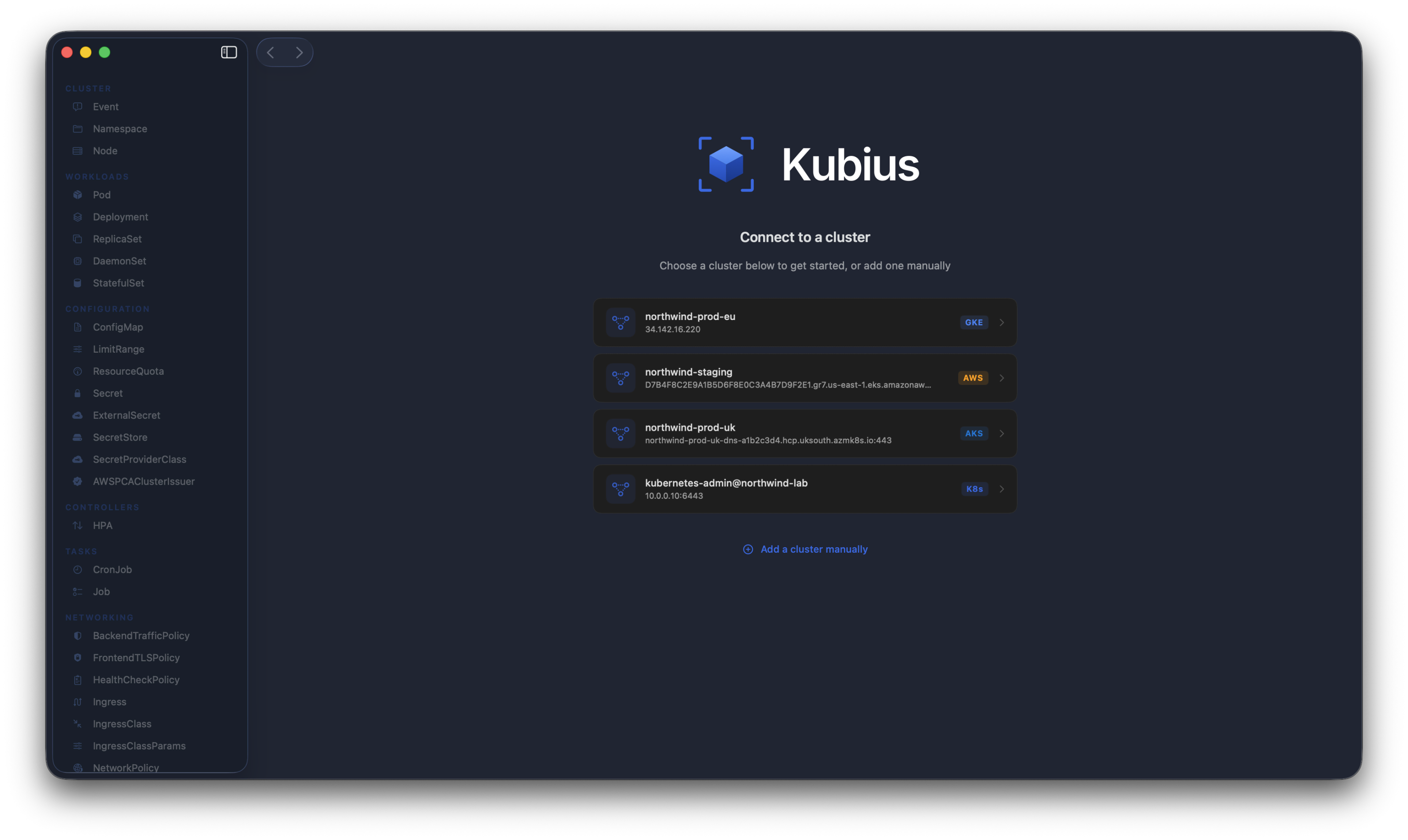 Kubius connection & authentication - kubeconfig contexts discovered on launch, connecting straight to the cluster API over TLS.