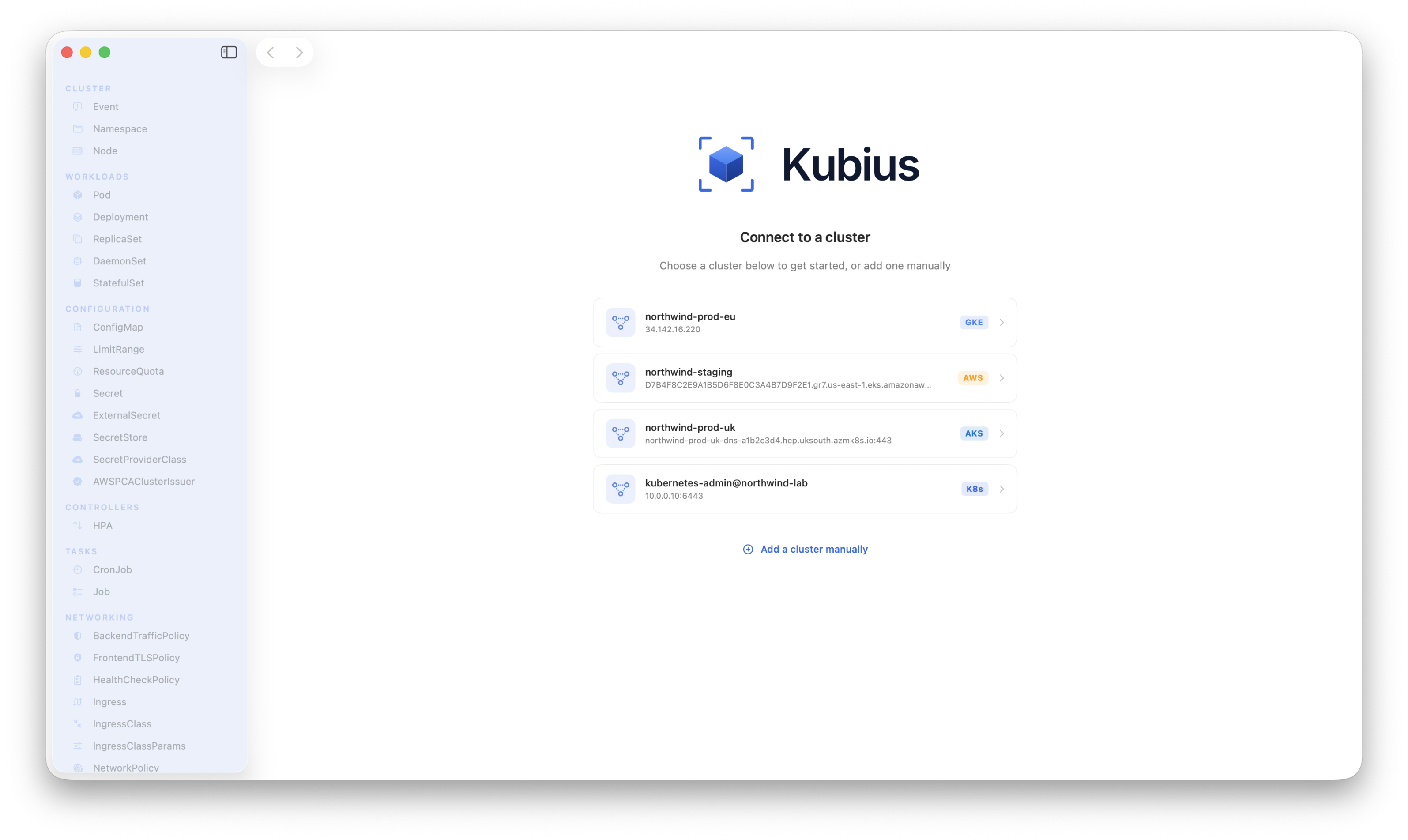 Kubius connection & authentication - kubeconfig contexts discovered on launch, connecting straight to the cluster API over TLS.
