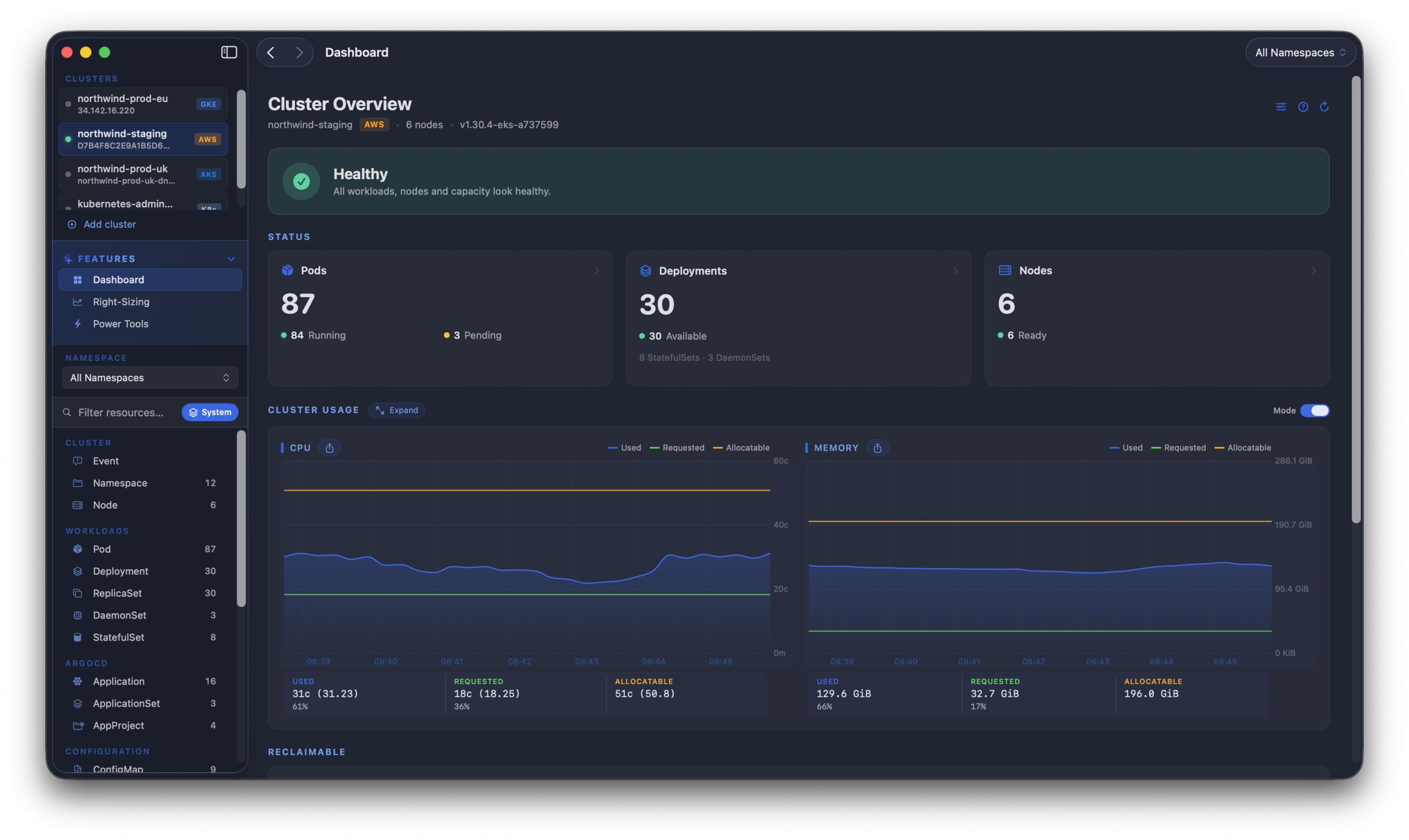 Kubius cluster dashboard - node capacity, workload health and resource pressure across the whole cluster in one screen.