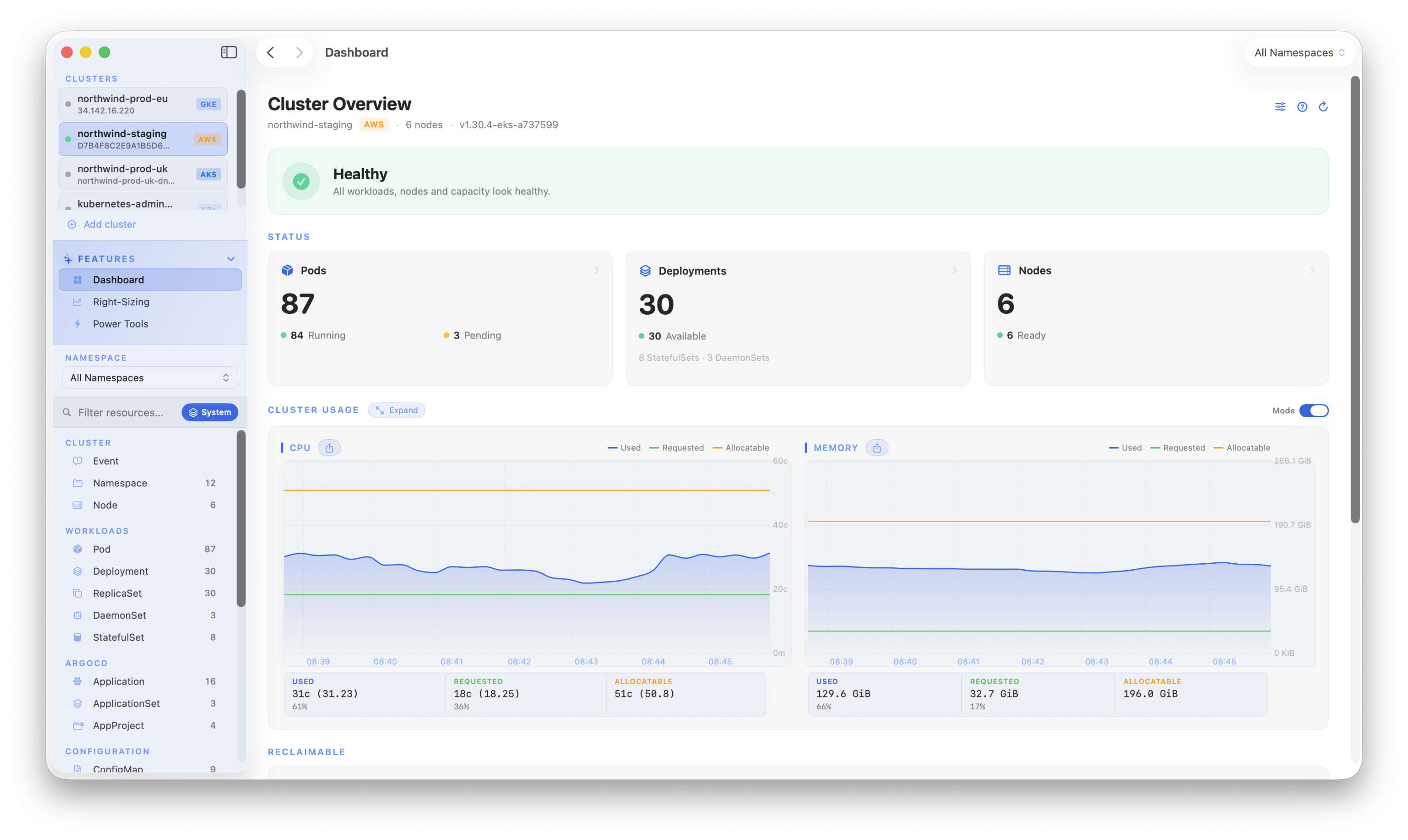 Kubius cluster dashboard - node capacity, workload health and resource pressure across the whole cluster in one screen.