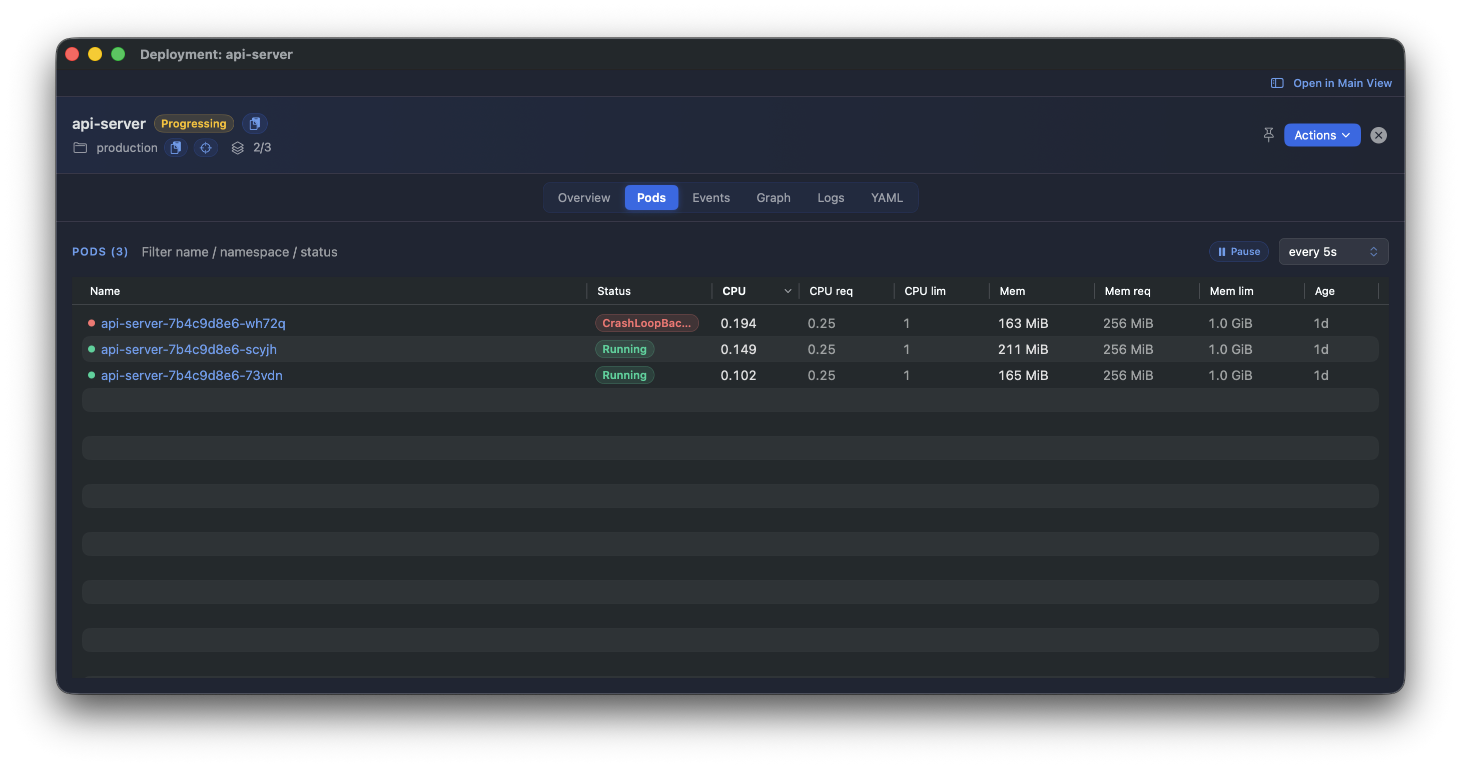 Kubius resource detail - a deep two-column detail panel with containers, conditions, related resources and per-section copy buttons.