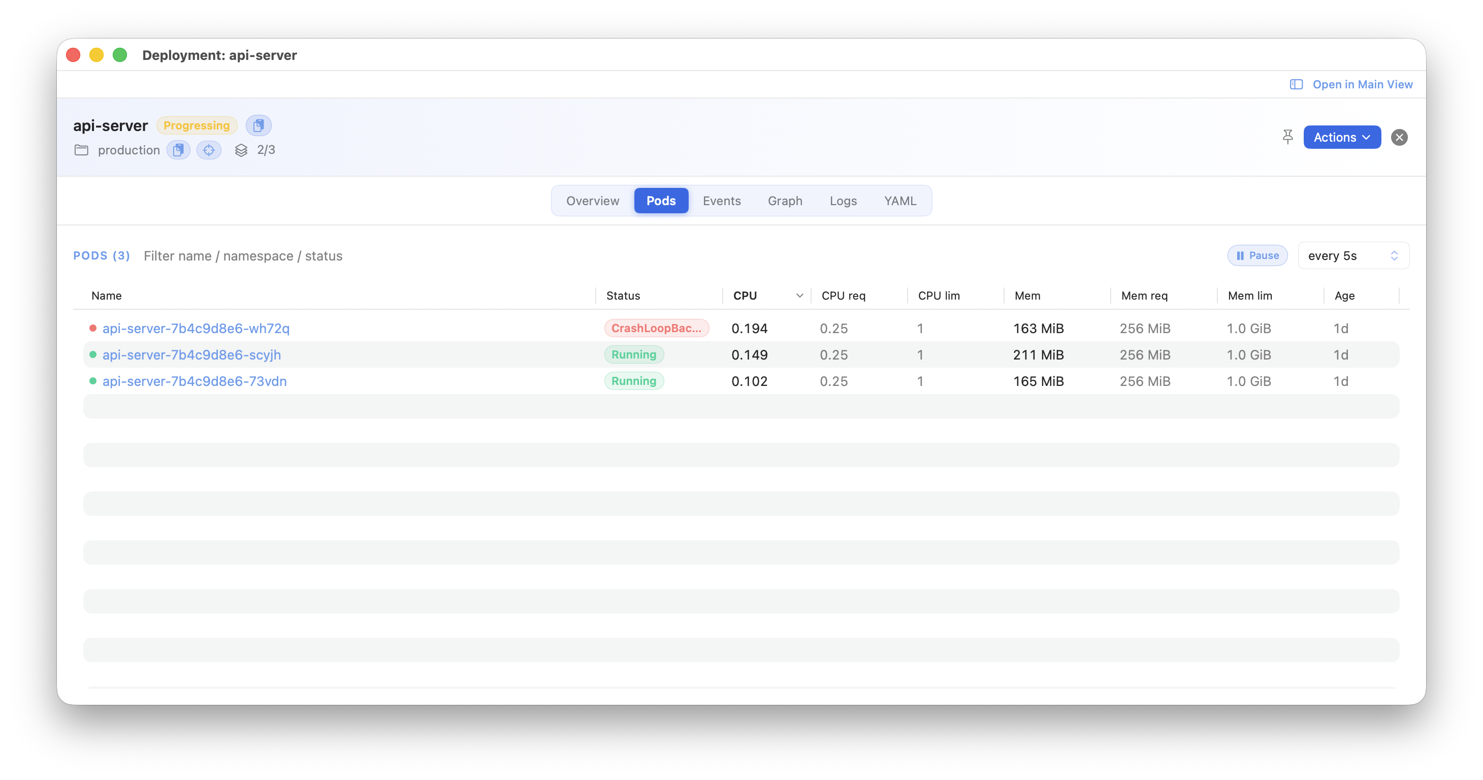 Kubius resource detail - a deep two-column detail panel with containers, conditions, related resources and per-section copy buttons.