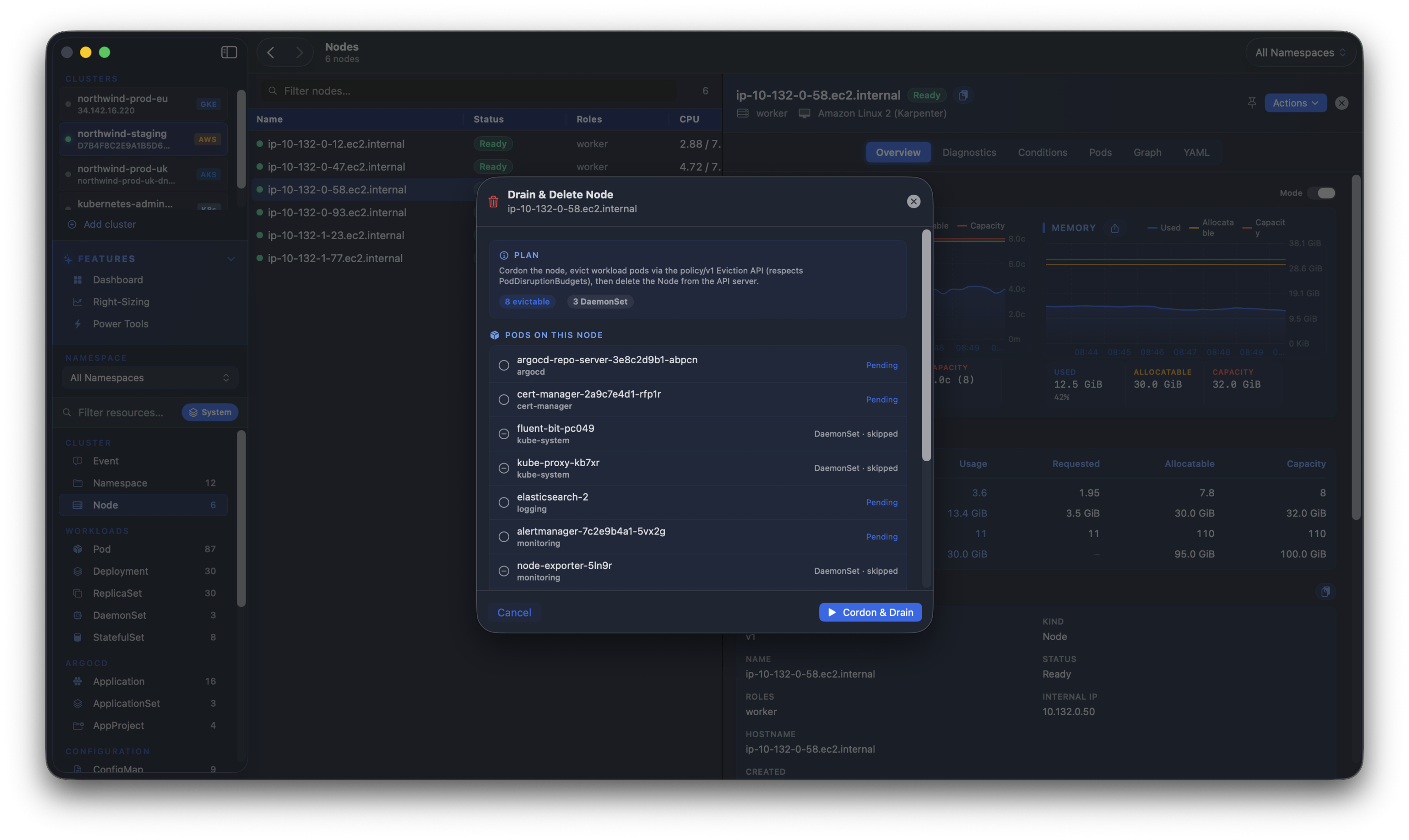 Kubius drain & delete nodes - per-pod eviction progress with PodDisruptionBudgets respected.