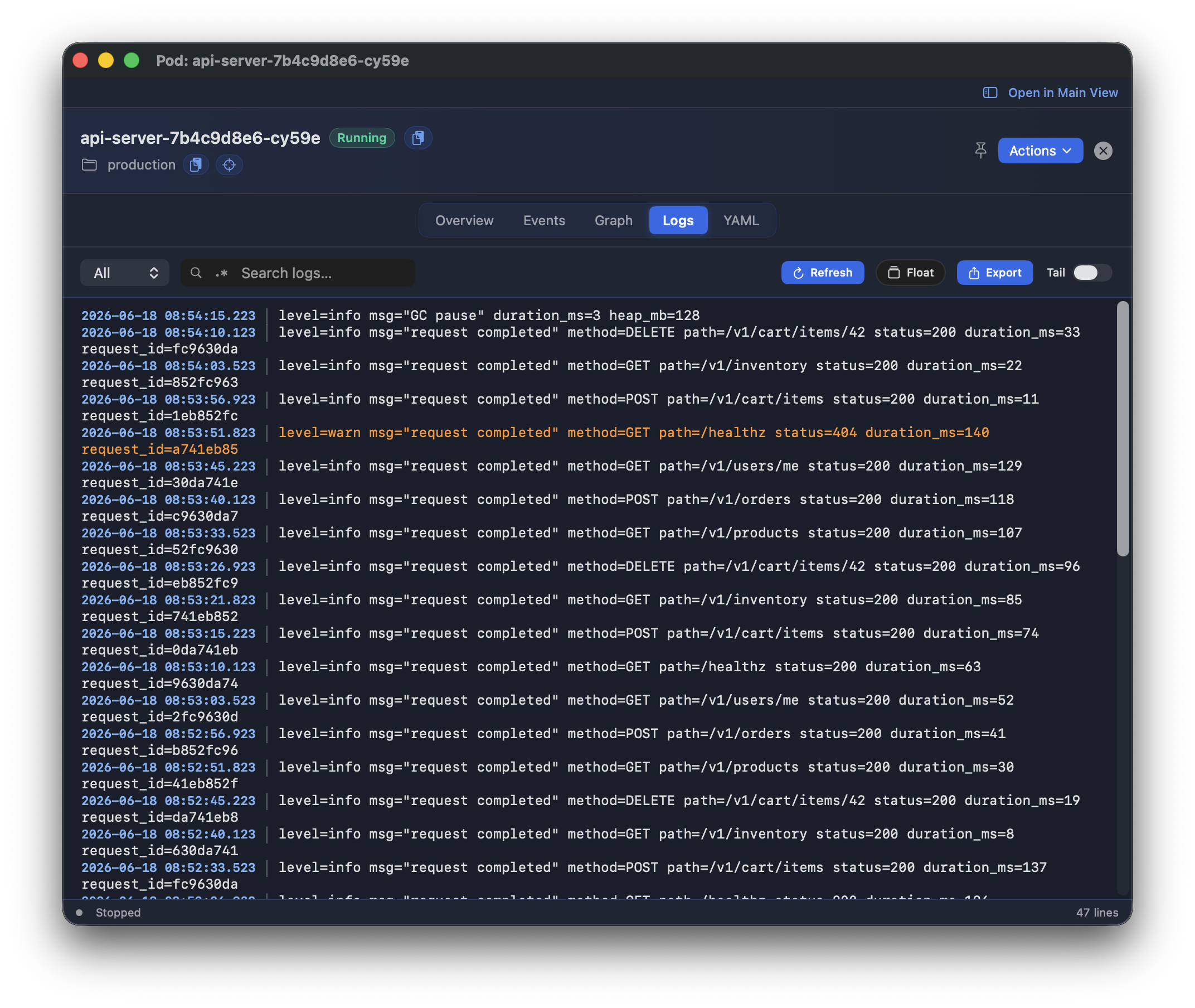 Kubius log streaming - live-following pod logs with automatic level detection, regex search and tail.