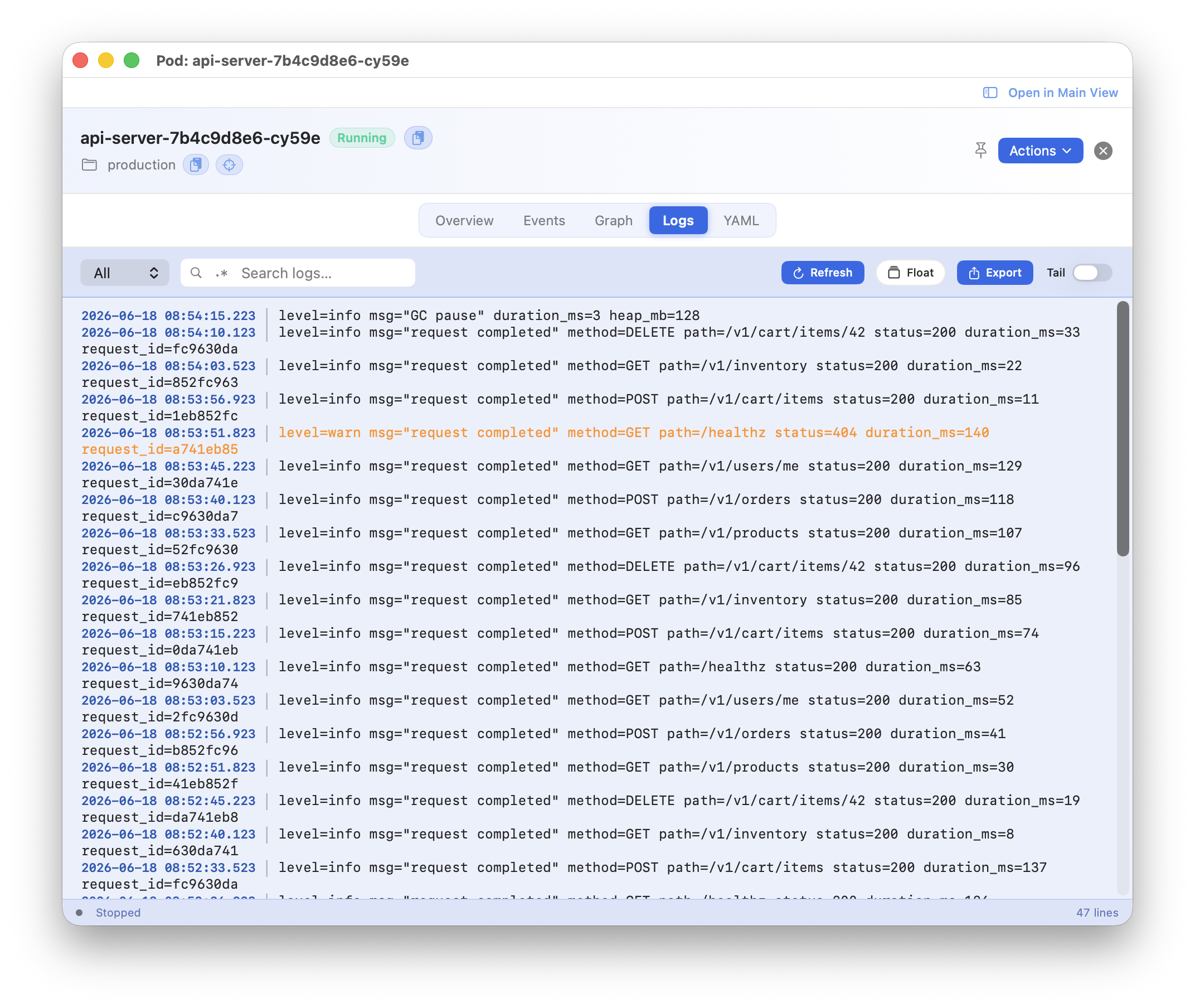 Kubius log streaming - live-following pod logs with automatic level detection, regex search and tail.