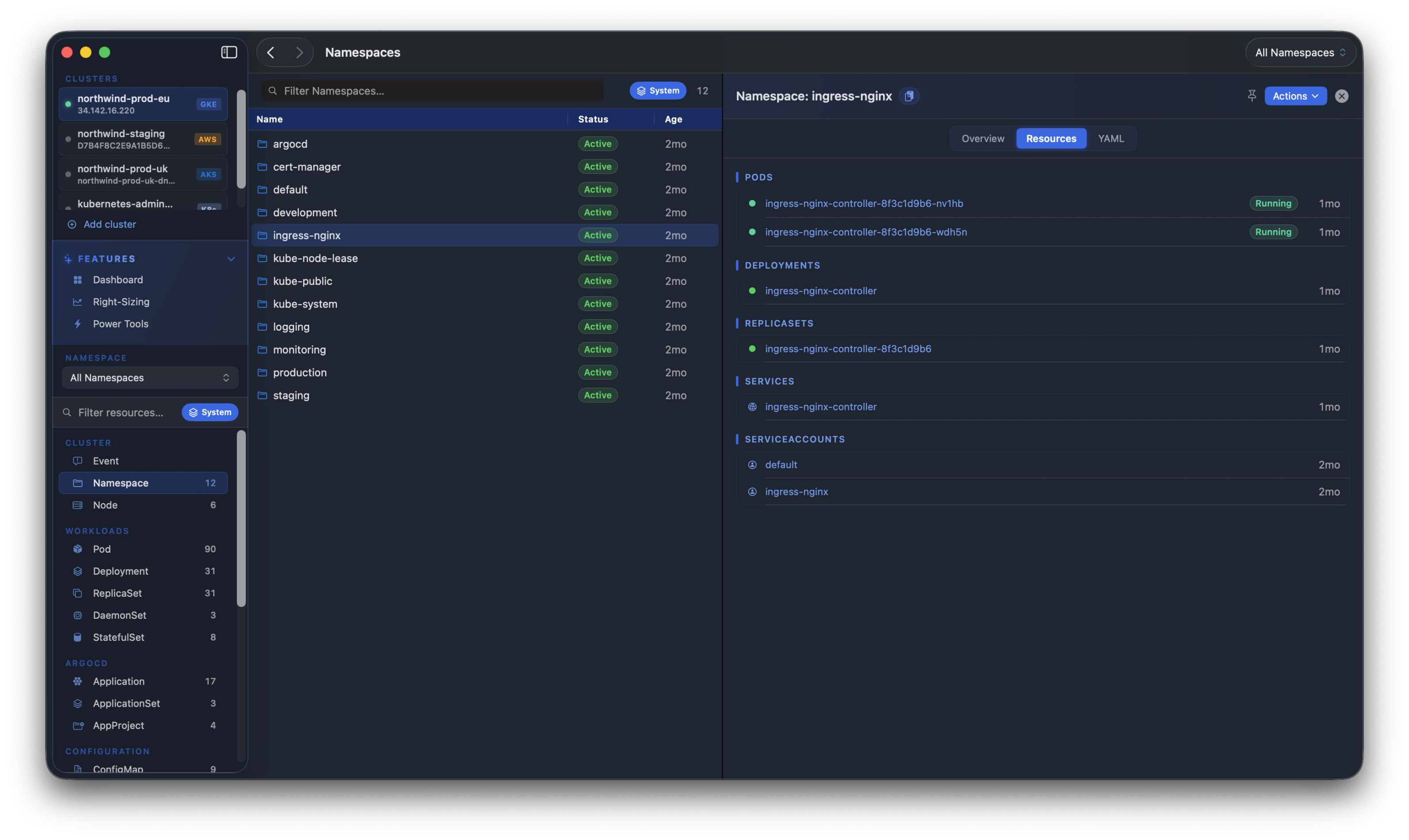 Kubius navigation & command palette - a three-column layout with ⌘K search across every resource type.