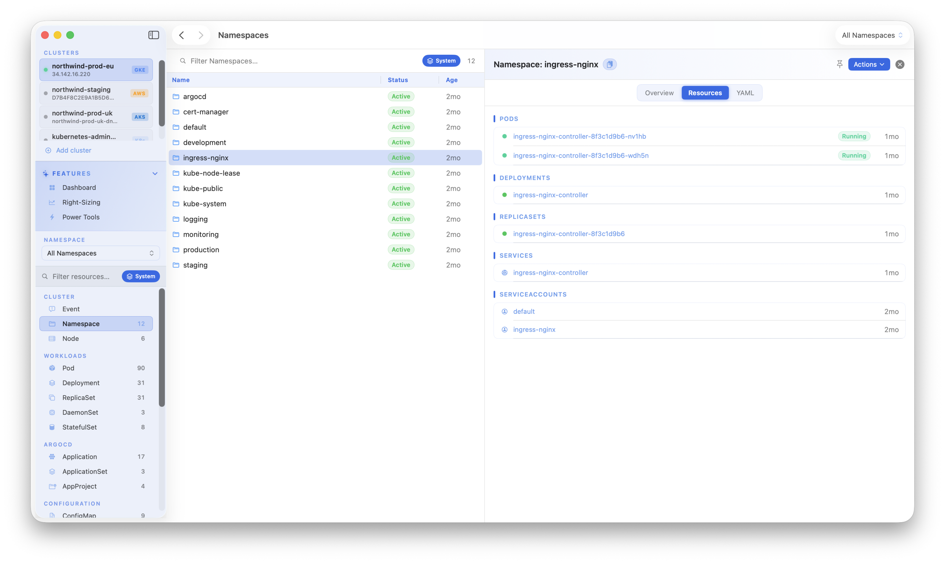 Kubius navigation & command palette - a three-column layout with ⌘K search across every resource type.