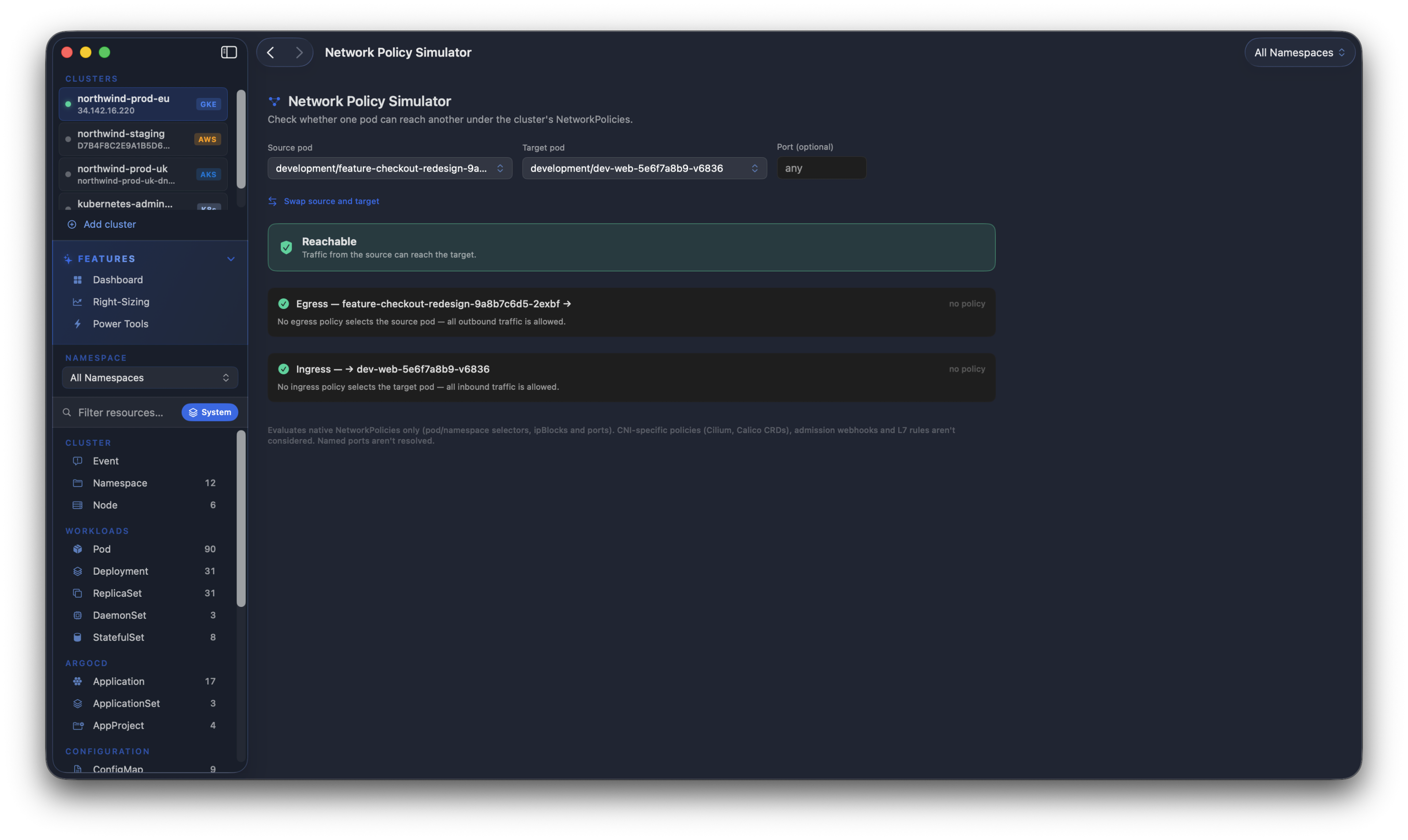 Kubius Network Policy Simulator - can pod A reach pod B? A clear allowed/blocked verdict with per-direction explanations and the responsible NetworkPolicies.