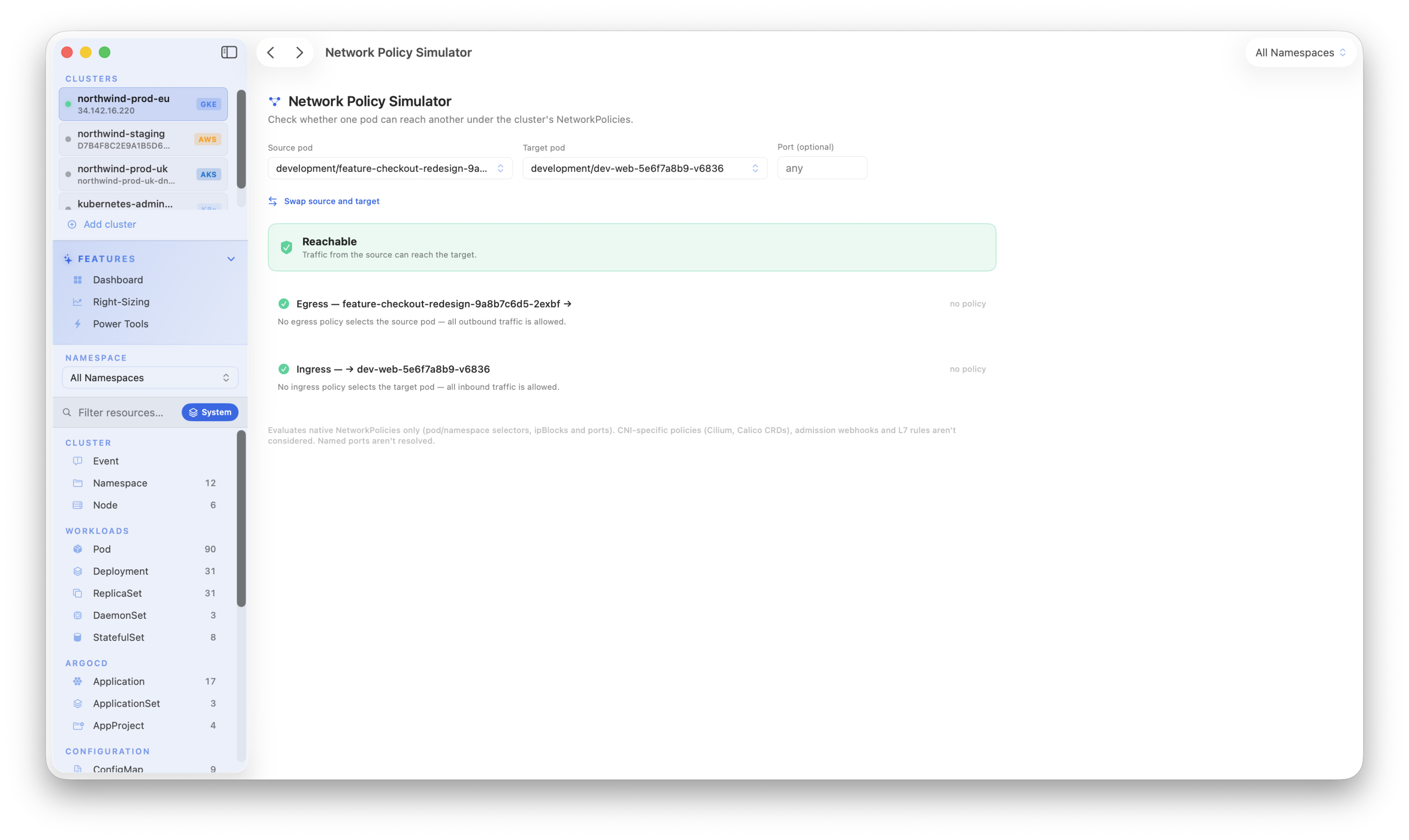 Kubius Network Policy Simulator - can pod A reach pod B? A clear allowed/blocked verdict with per-direction explanations and the responsible NetworkPolicies.