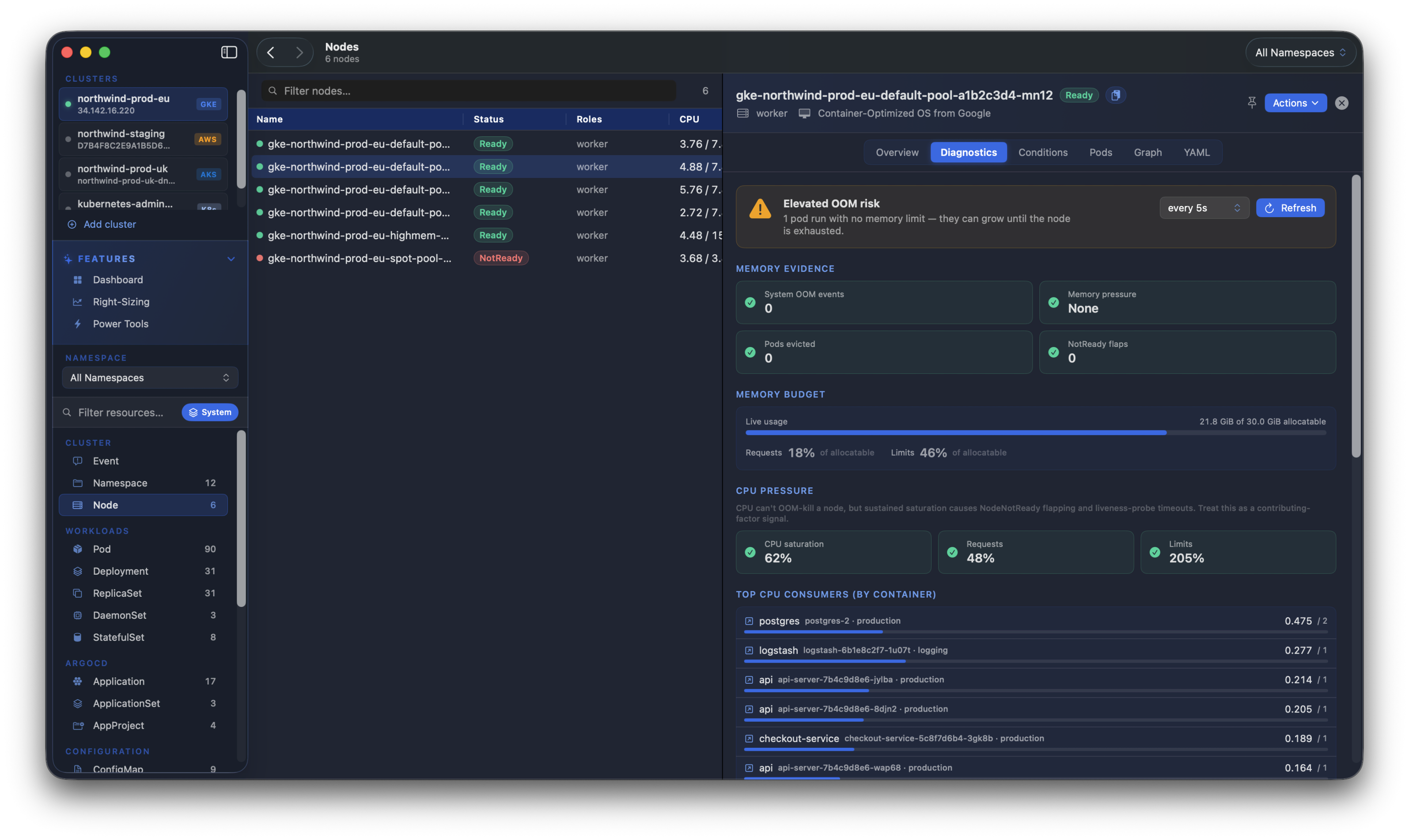 Kubius node diagnostics - a rule-based health report for a node, surfacing OOM kills, kubelet flapping and pressure conditions ranked critical-first.
