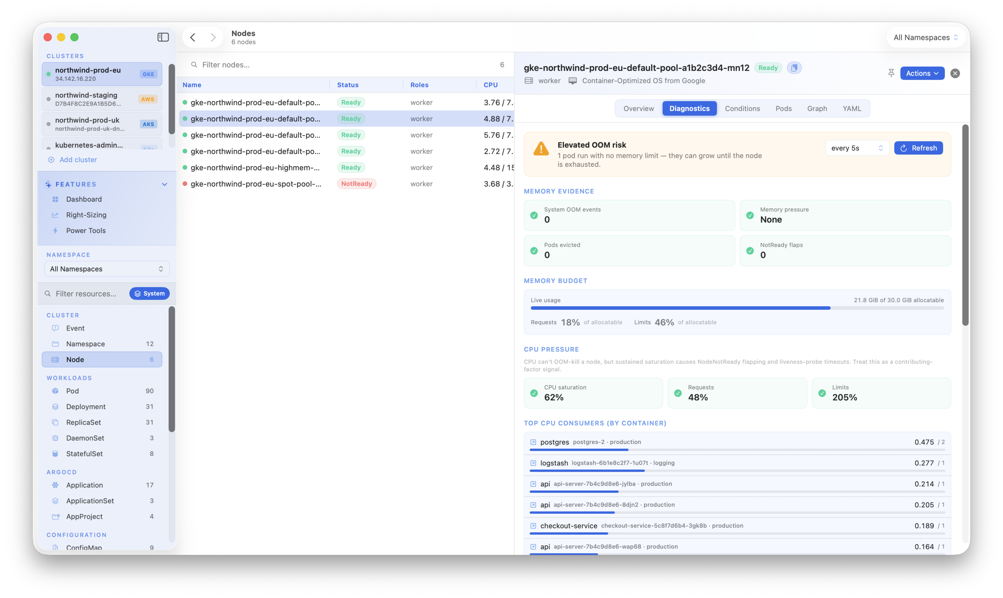 Kubius node diagnostics - a rule-based health report for a node, surfacing OOM kills, kubelet flapping and pressure conditions ranked critical-first.