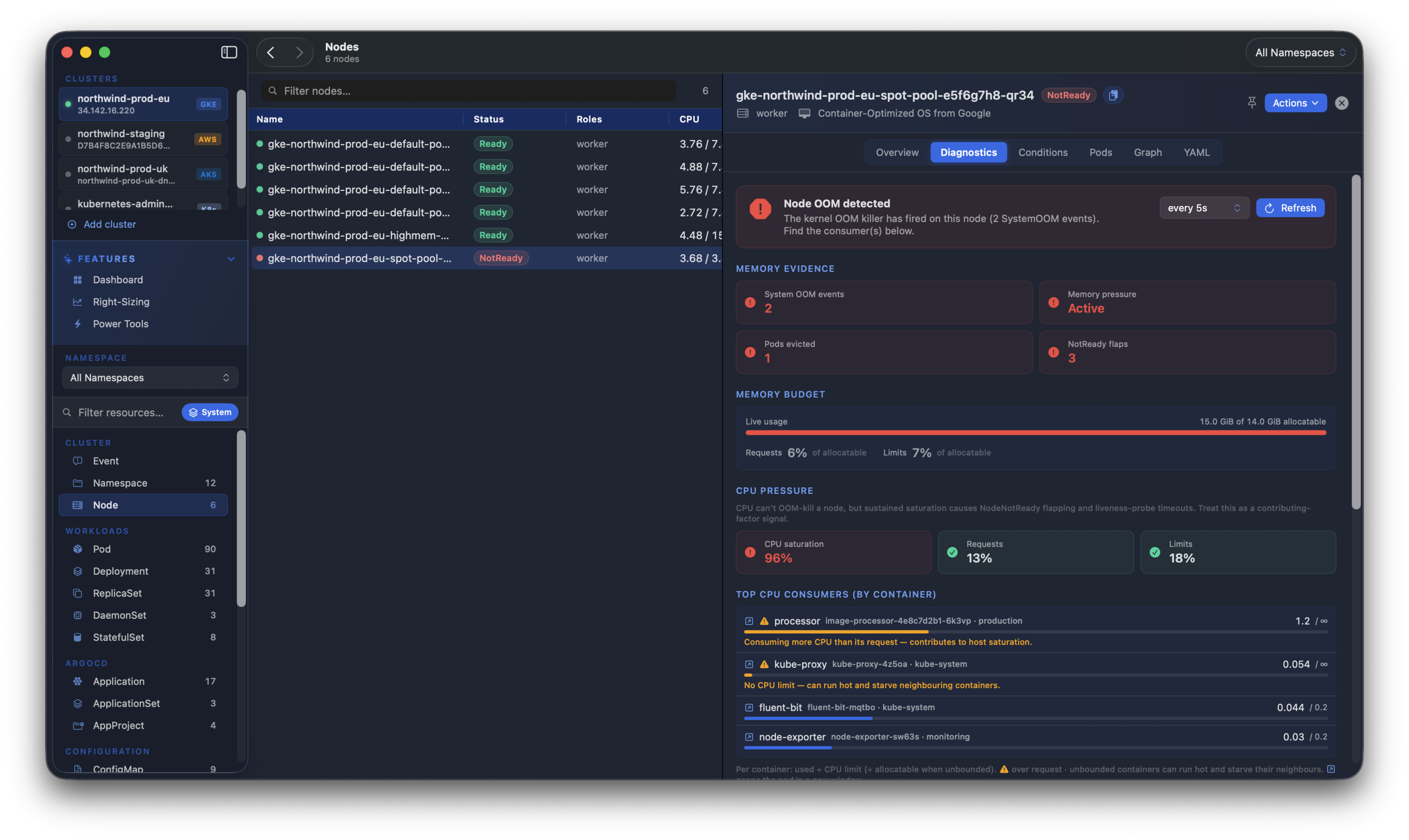 Kubius node diagnostics - per-container memory consumers and node events that explain why a node is unhealthy.