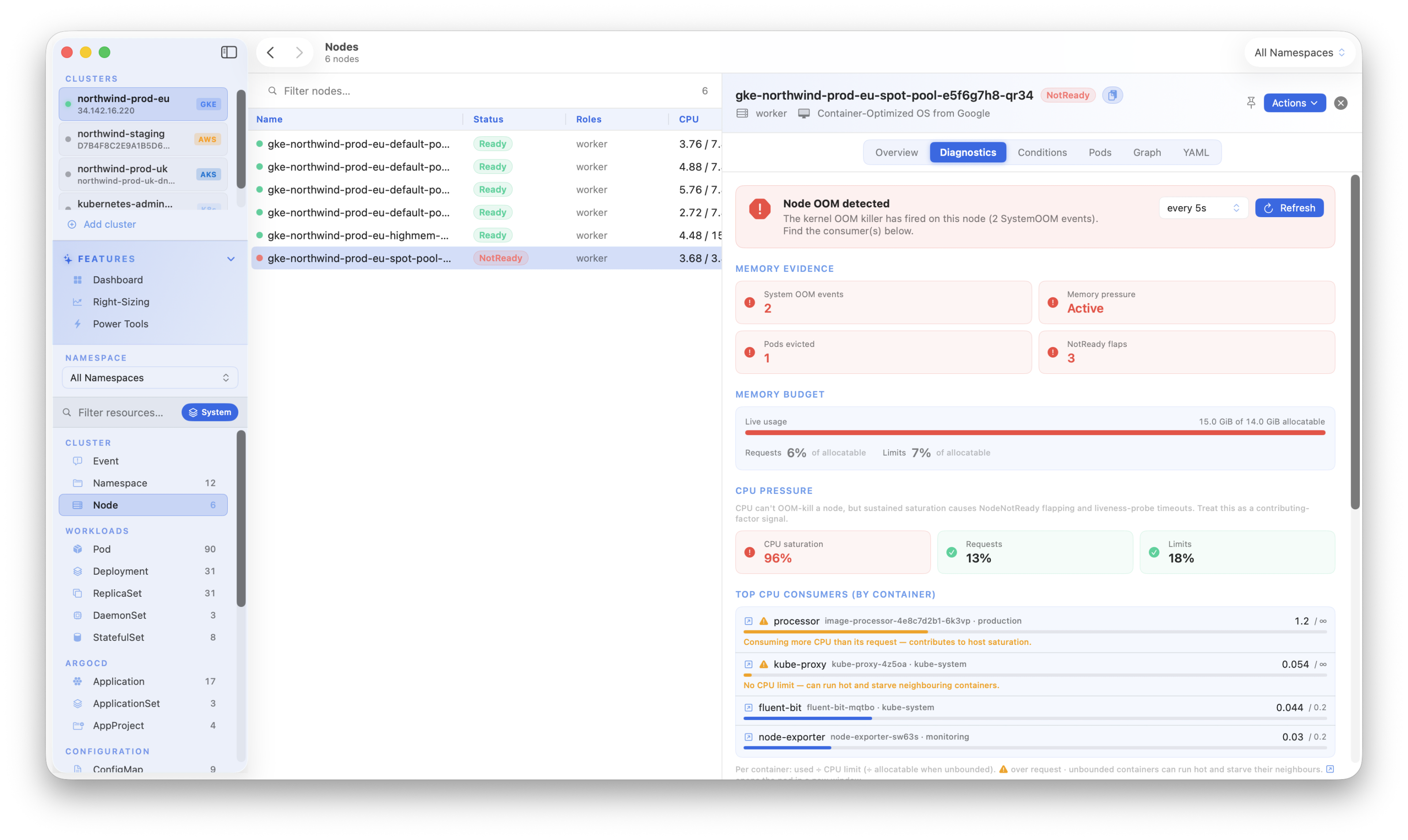 Kubius node diagnostics - per-container memory consumers and node events that explain why a node is unhealthy.