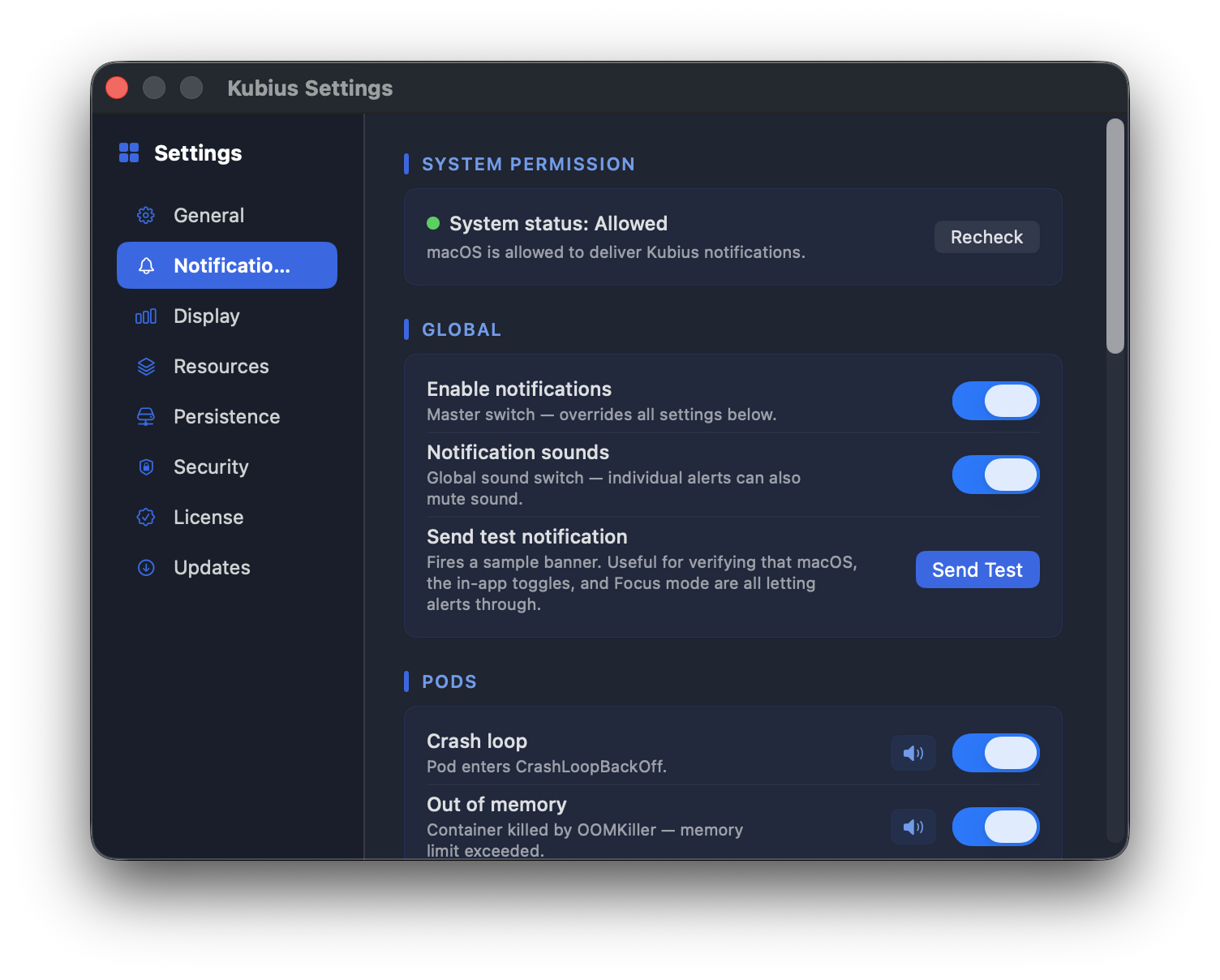 Kubius notifications - native macOS alerts for crashes, node pressure, failed jobs and rollouts.
