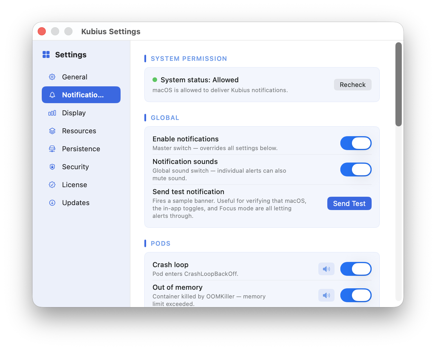 Kubius notifications - native macOS alerts for crashes, node pressure, failed jobs and rollouts.