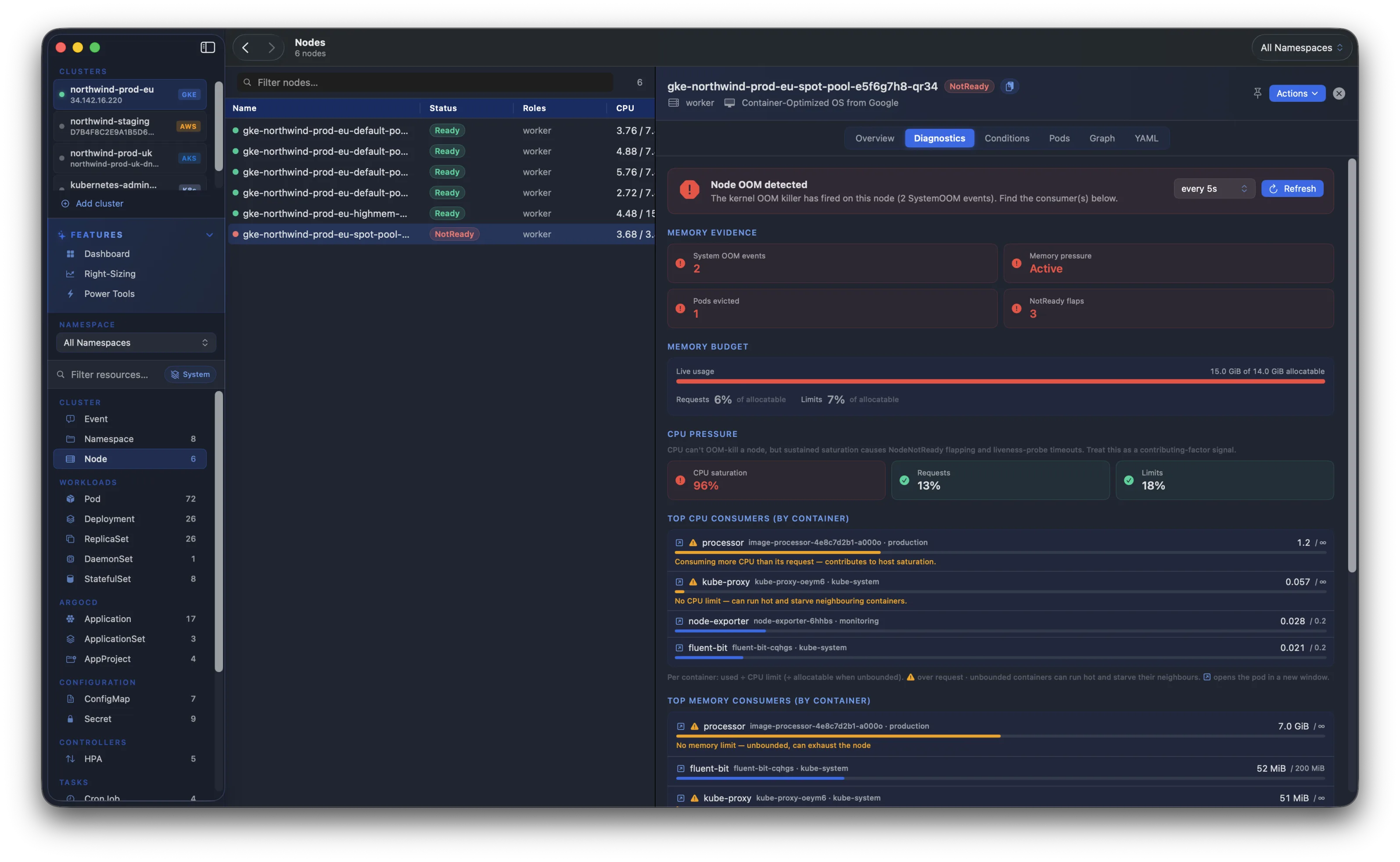Kubius node diagnostics - a node hit by an OOM event, with the offending container, memory pressure and the events that explain it, all in one view.