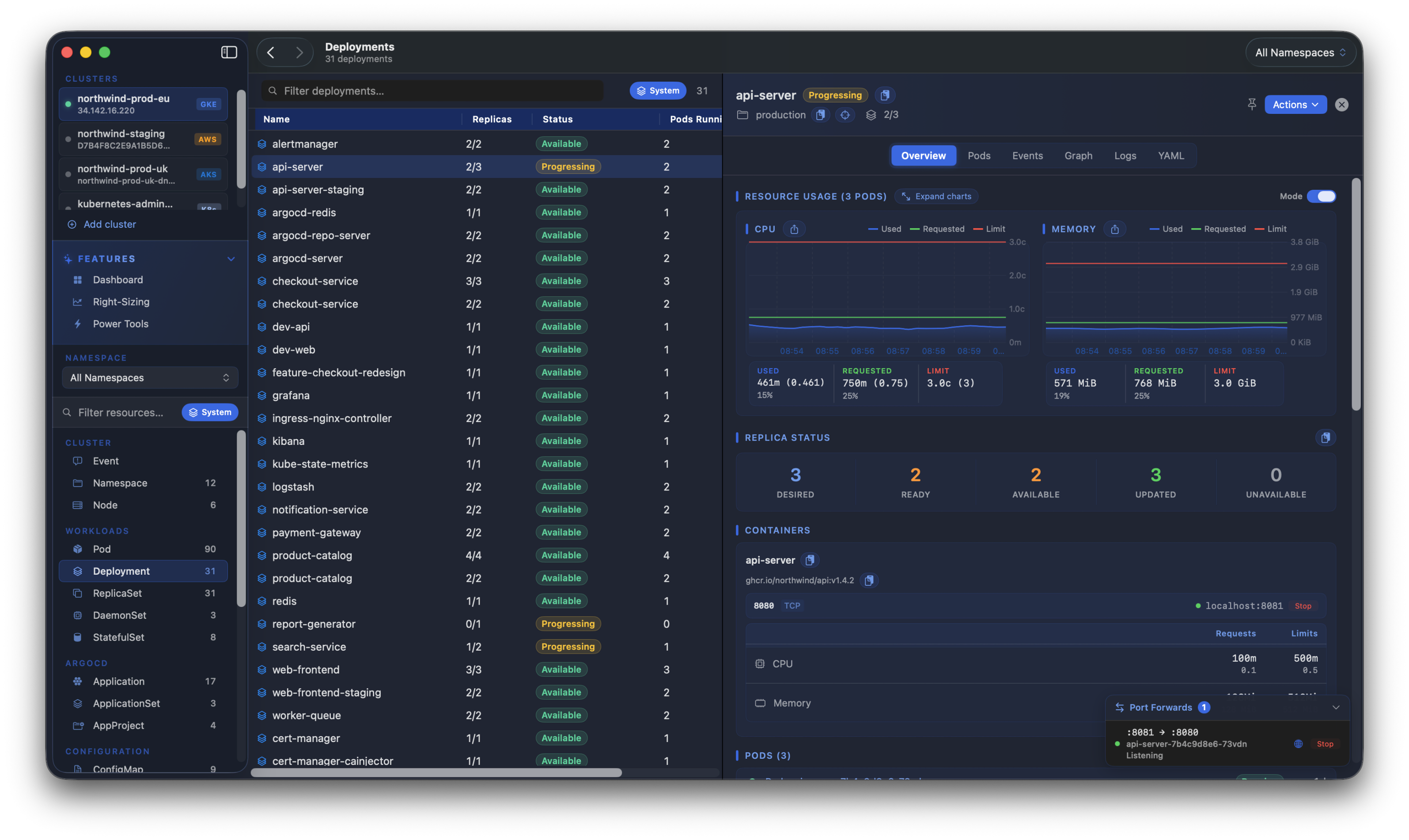 Kubius port forwarding - the floating session tray tracking active forwards as you navigate, with kubectl-command copy and stop controls.