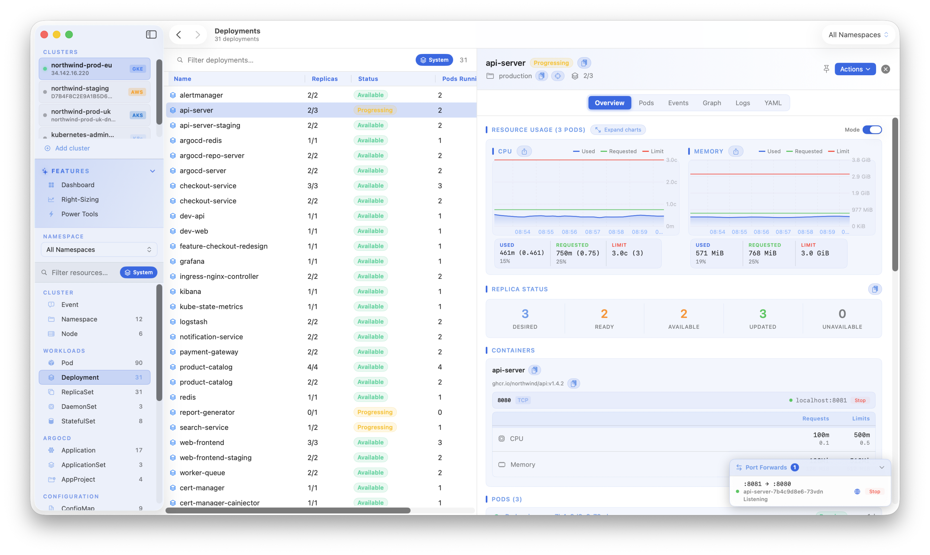 Kubius port forwarding - the floating session tray tracking active forwards as you navigate, with kubectl-command copy and stop controls.