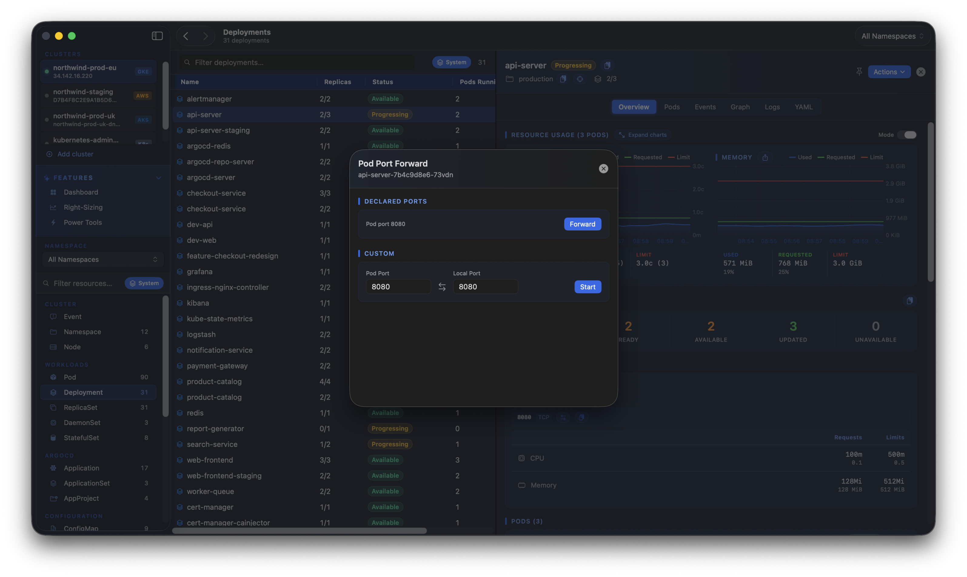 Kubius port forwarding - an active forward from a pod port with the floating session tray tracking it.
