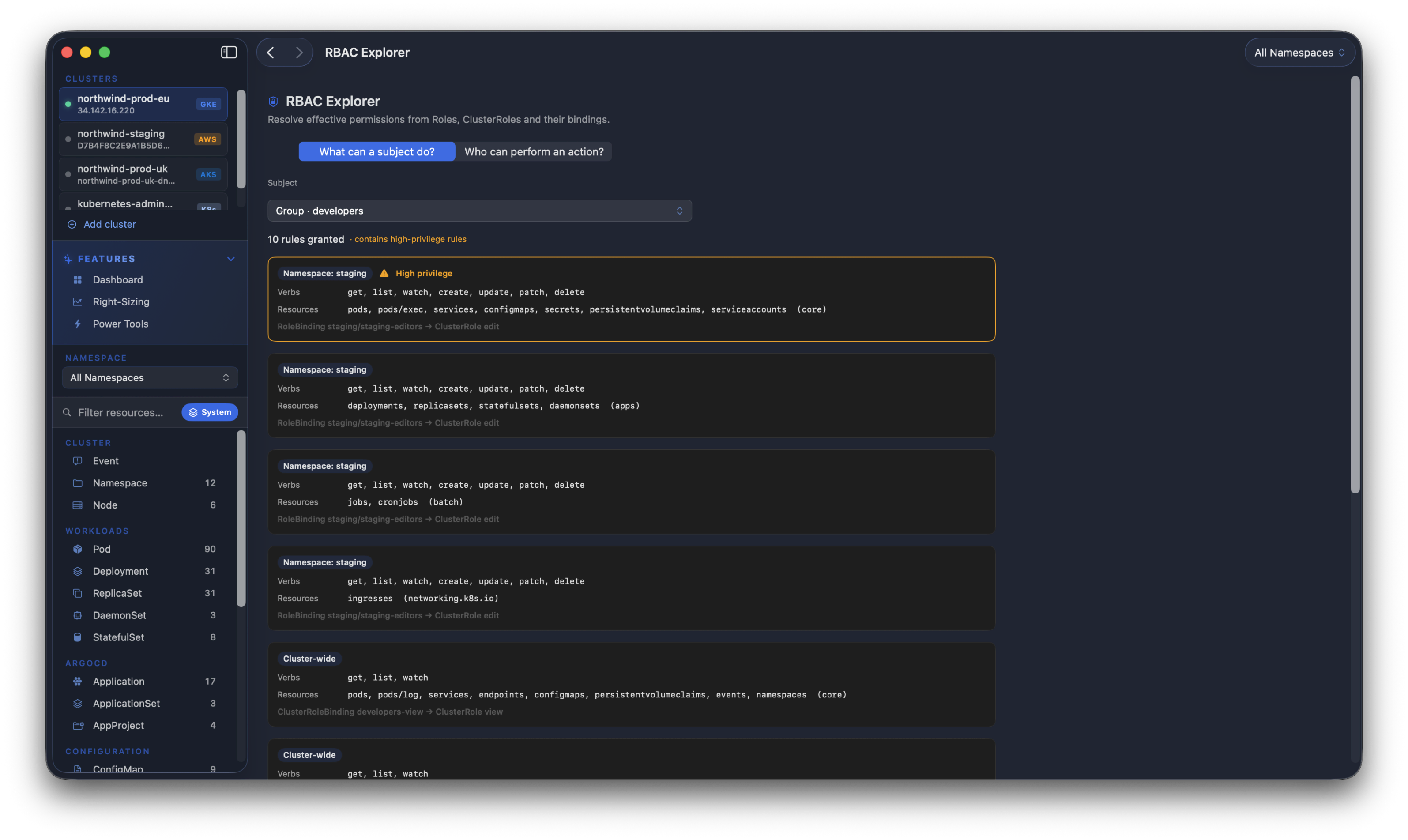 Kubius RBAC Explorer - what a subject can do, every effective rule resolved from Roles and ClusterRoles and grouped by scope.