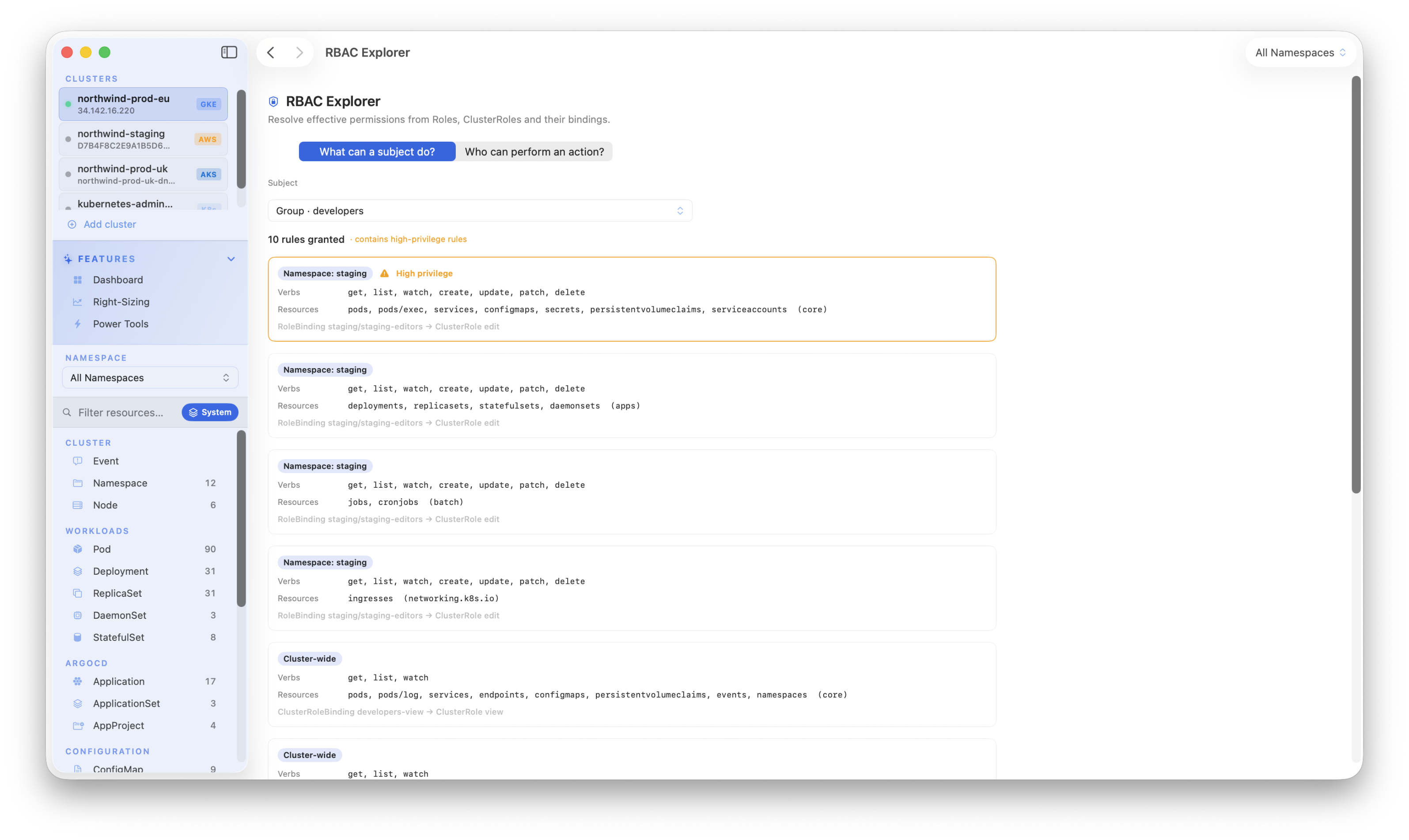 Kubius RBAC Explorer - what a subject can do, every effective rule resolved from Roles and ClusterRoles and grouped by scope.