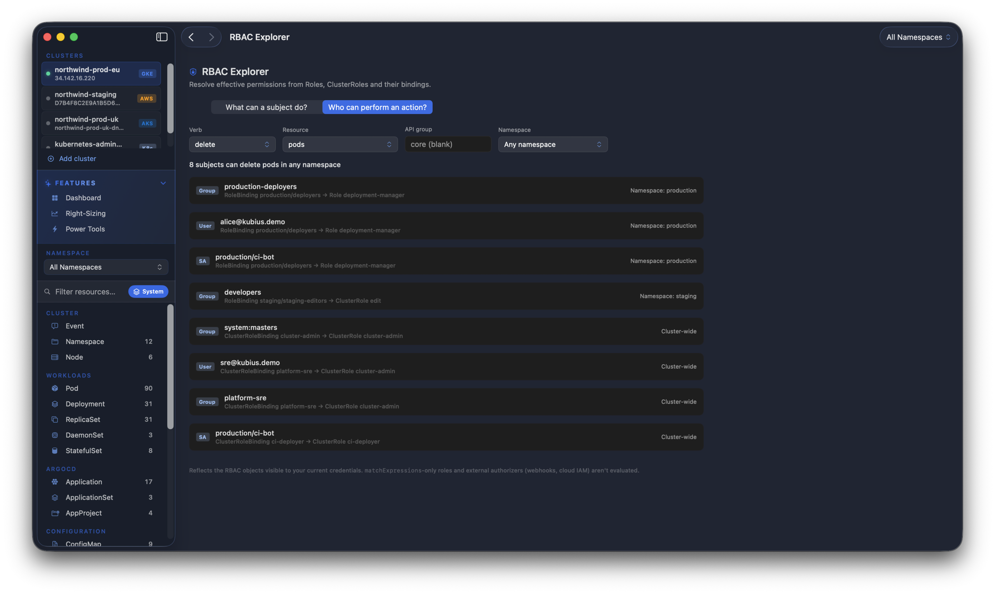 Kubius RBAC Explorer - who can perform an action, reverse-looking up every subject that can run a given verb on a resource, with the binding path behind each grant.