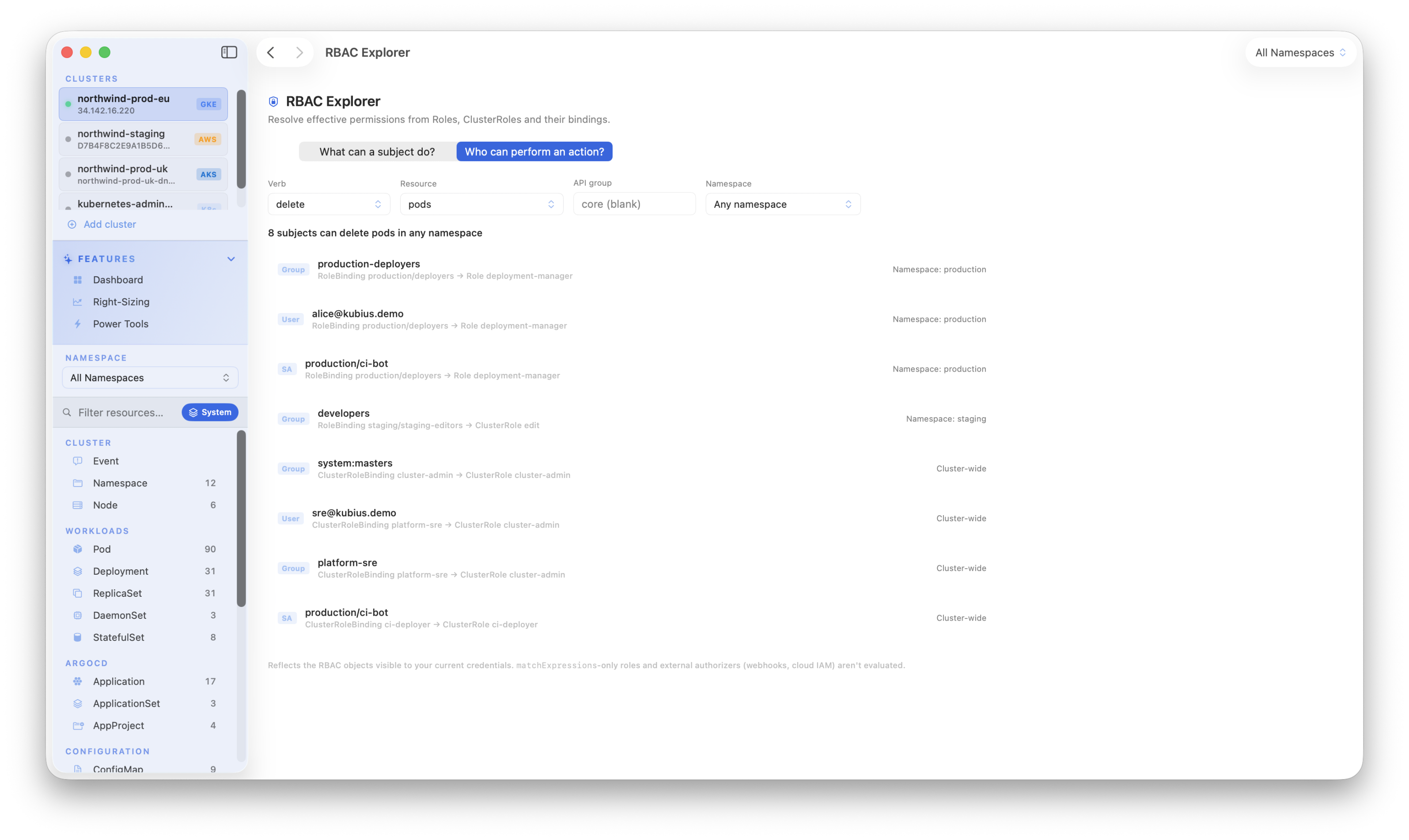 Kubius RBAC Explorer - who can perform an action, reverse-looking up every subject that can run a given verb on a resource, with the binding path behind each grant.
