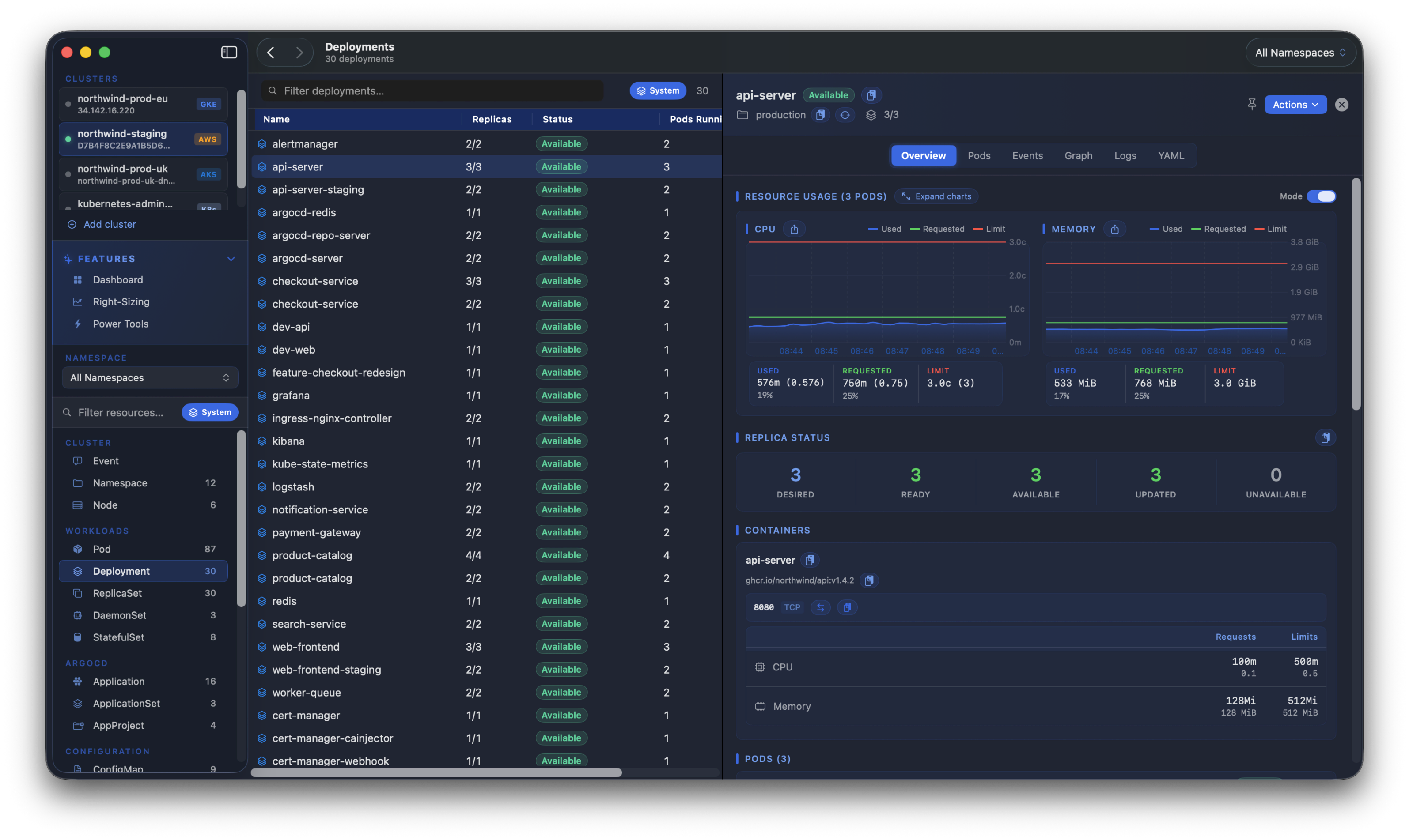 Kubius live resource coverage - workloads, networking, config, storage and RBAC types kept live by watch streams.