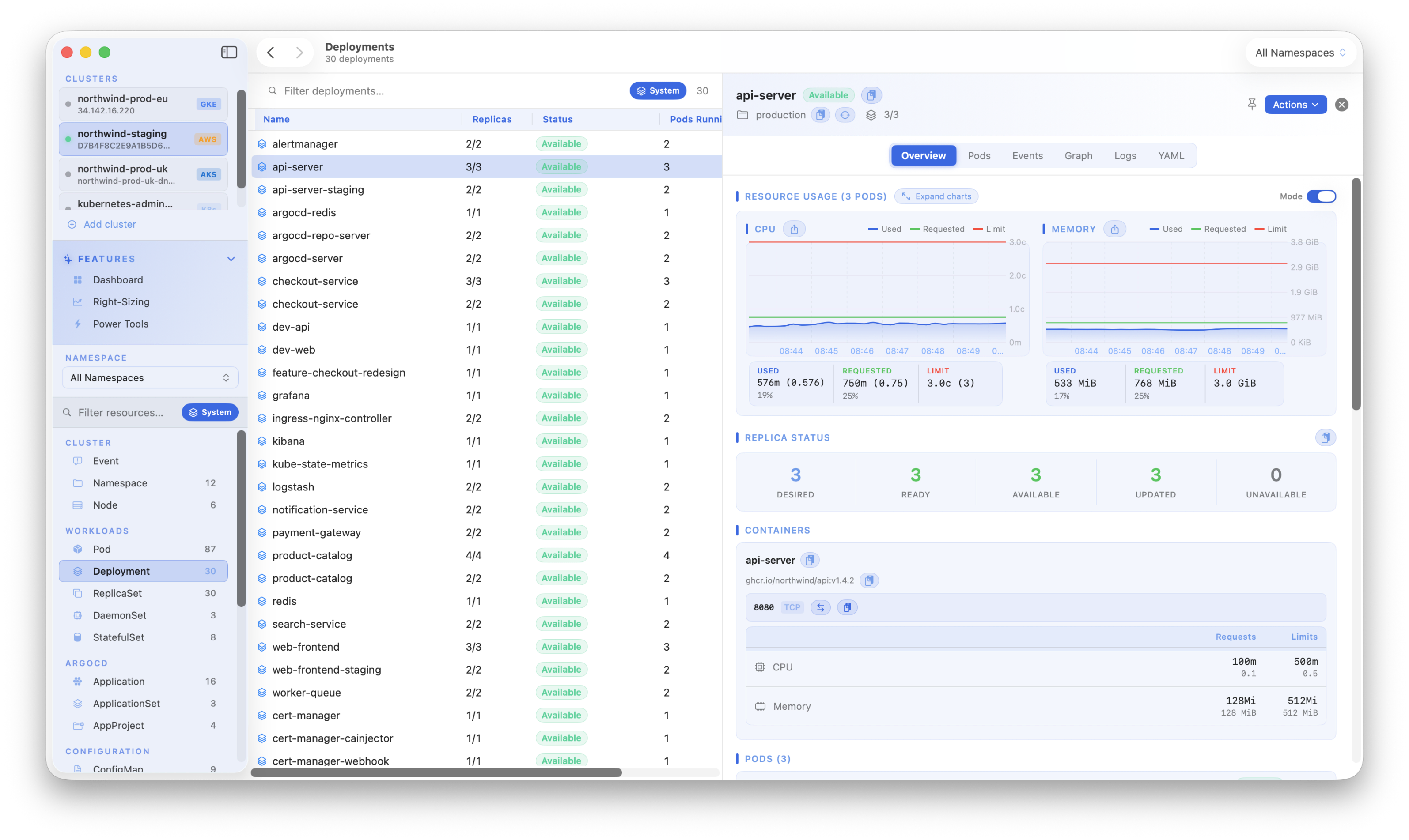 Kubius live resource coverage - workloads, networking, config, storage and RBAC types kept live by watch streams.