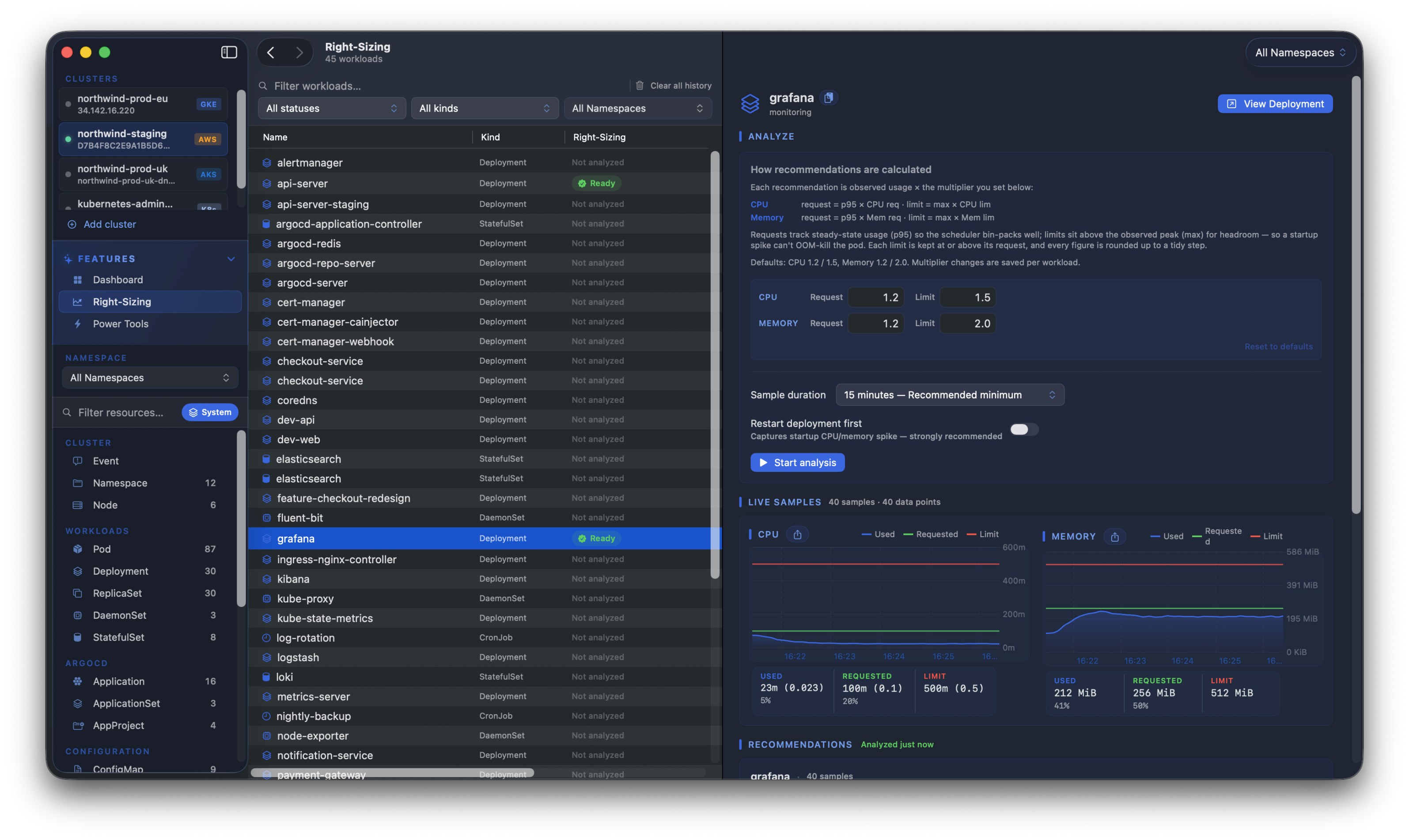 Kubius right-sizing - sampled CPU and memory usage across replicas with recommended requests and limits ready to apply, with optional shared history stored in your own cluster.