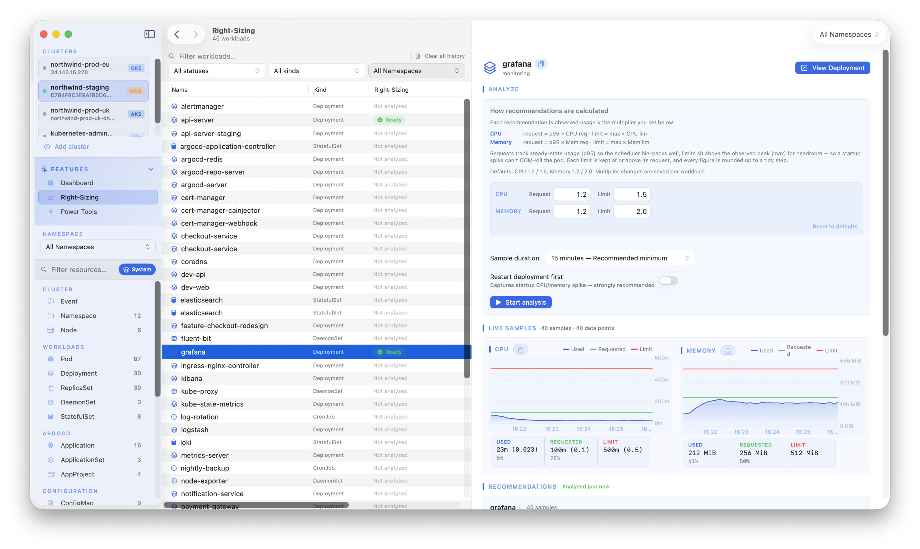 Kubius right-sizing - sampled CPU and memory usage across replicas with recommended requests and limits ready to apply, with optional shared history stored in your own cluster.