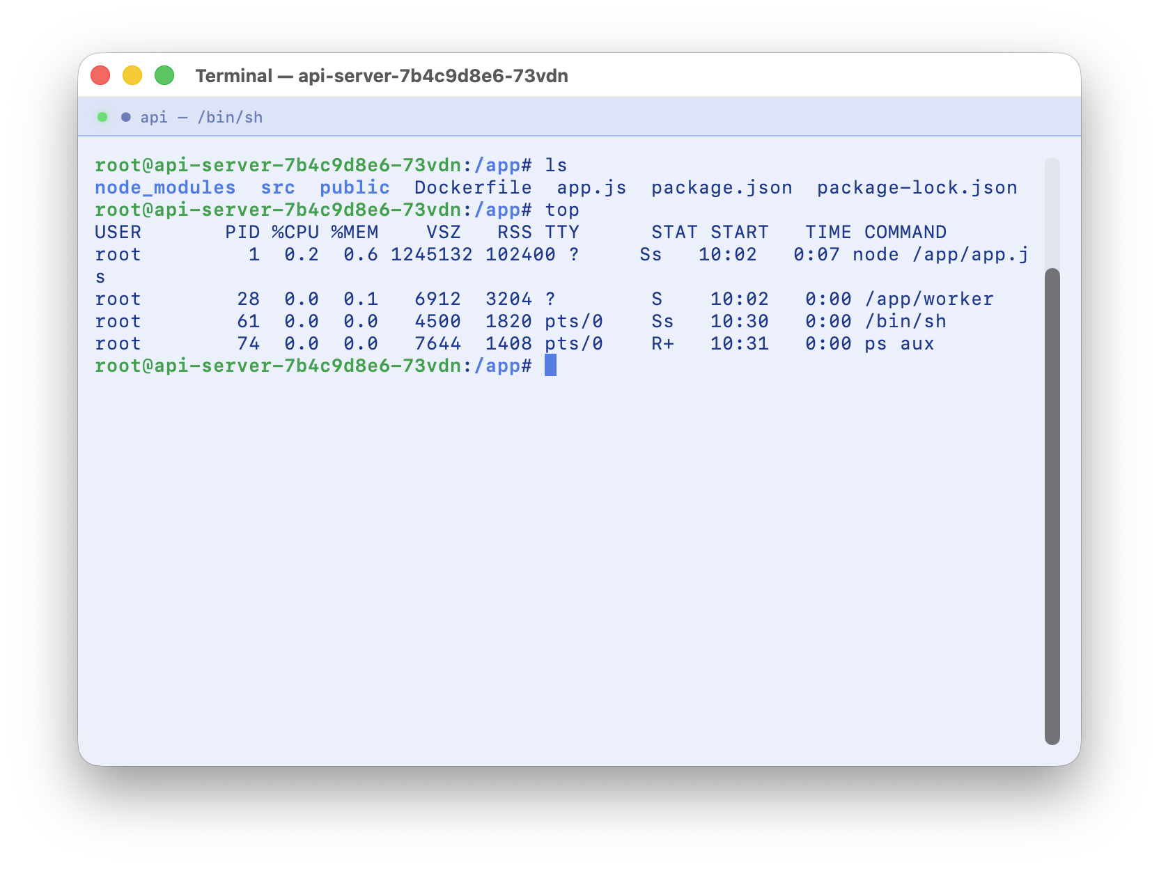 Kubius terminal - an interactive shell exec'd into a container in its own native window.